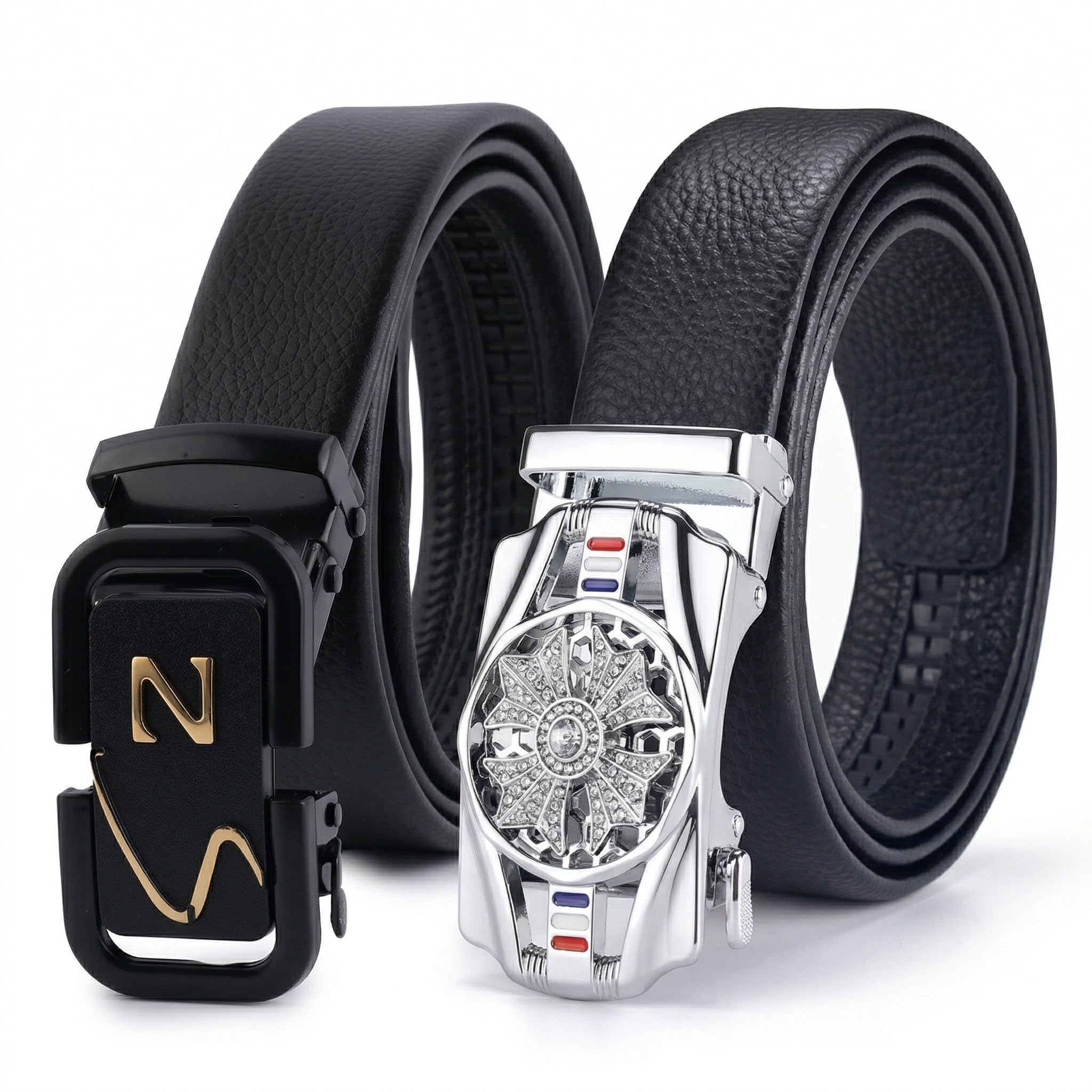 tpm Men's Luxury Silver Spinner & 'S' Letter Graphic Matte Black Belt Combo (Pack of 2)-picture-10