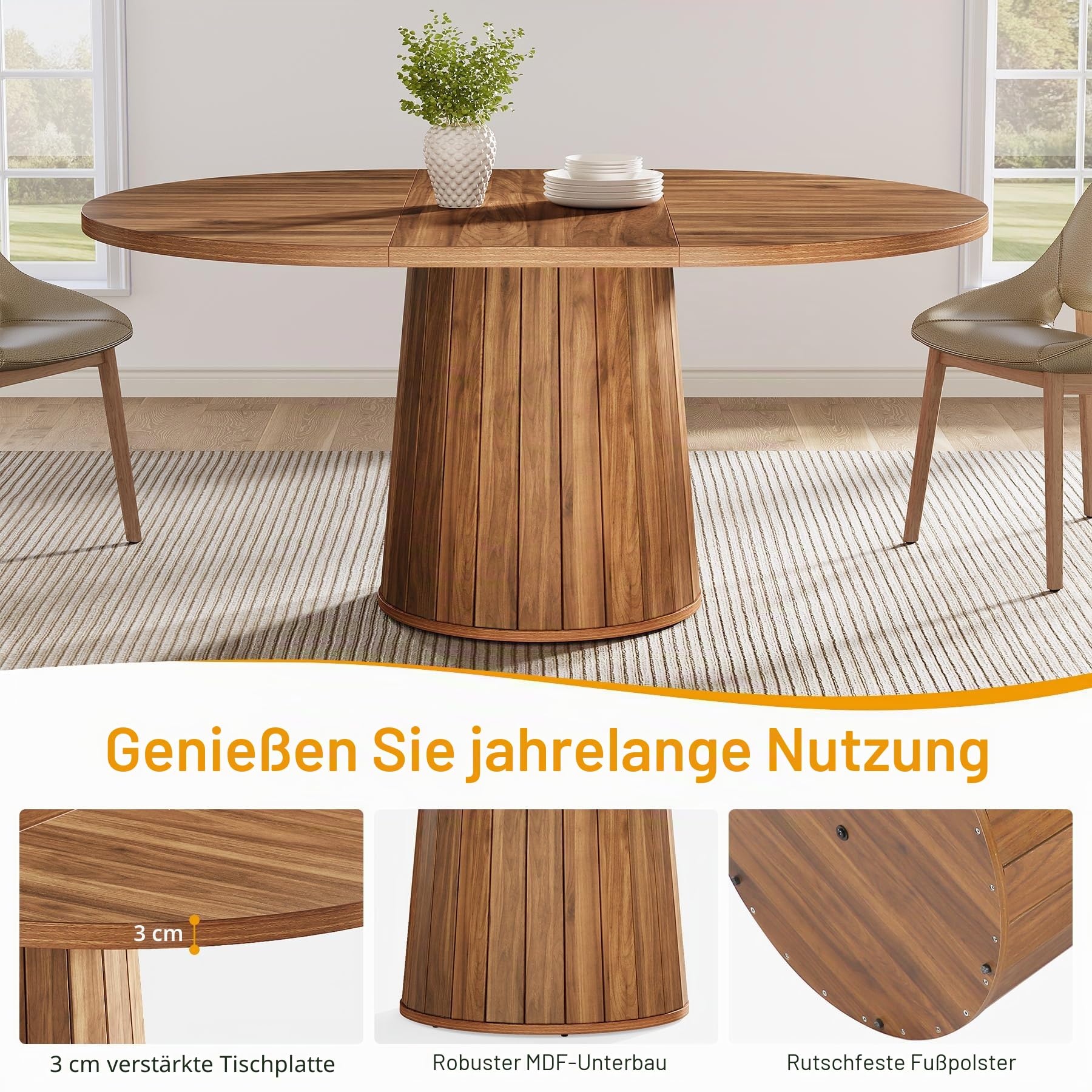Tribesigns Ovaler Esstisch für 6 Personen, 55,11 Zoll Bauernhaus-Holz-Esstisch, rustikaler Küchentisch mit Holztischplatte und zylindrischem Sockel für Esszimmer (Braun)