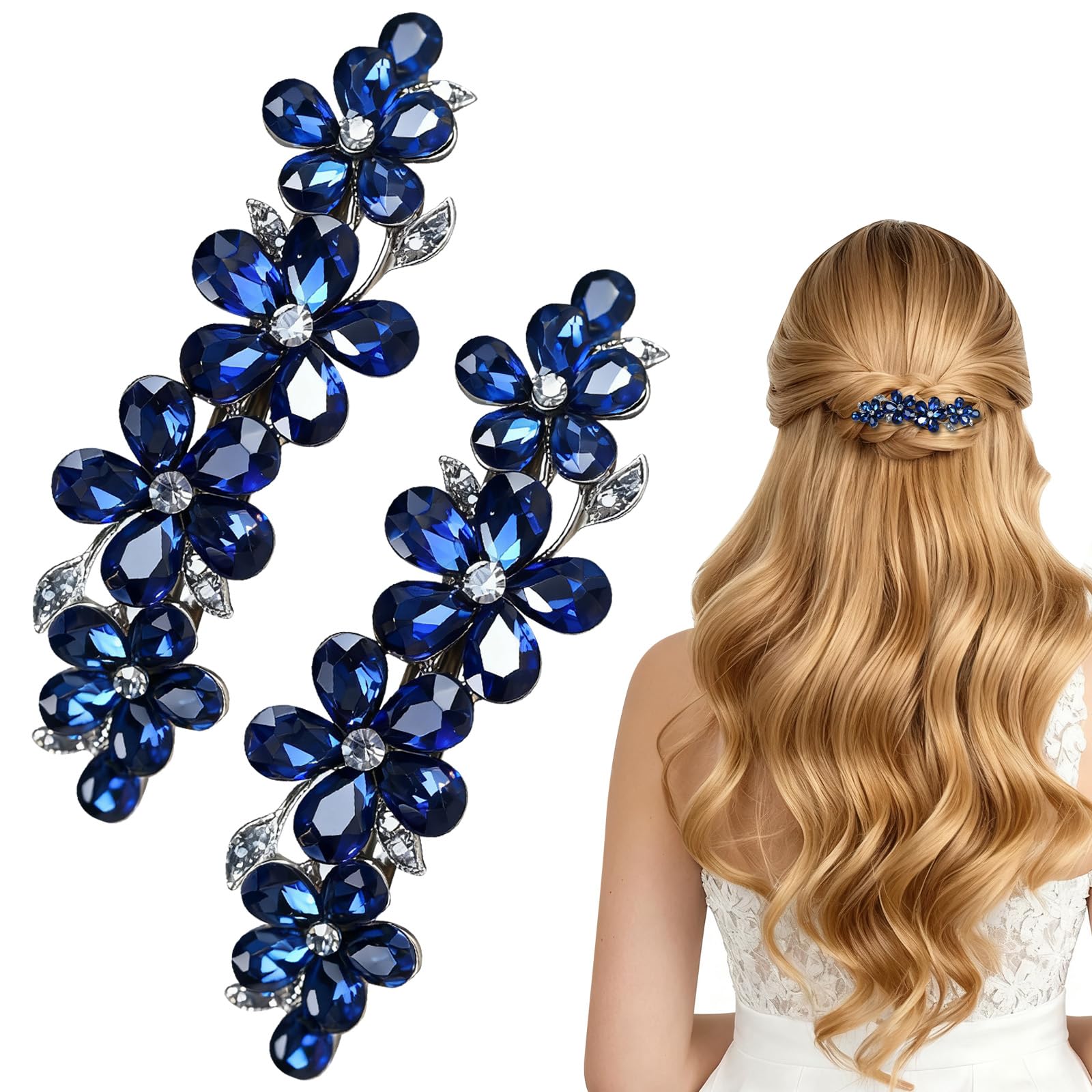 2 fermagli per capelli blu da donna, fermagli con strass e cristallo di alta qualità, accessori per capelli da donna con capelli sottili e spessi, presa sicura per varie acconciature