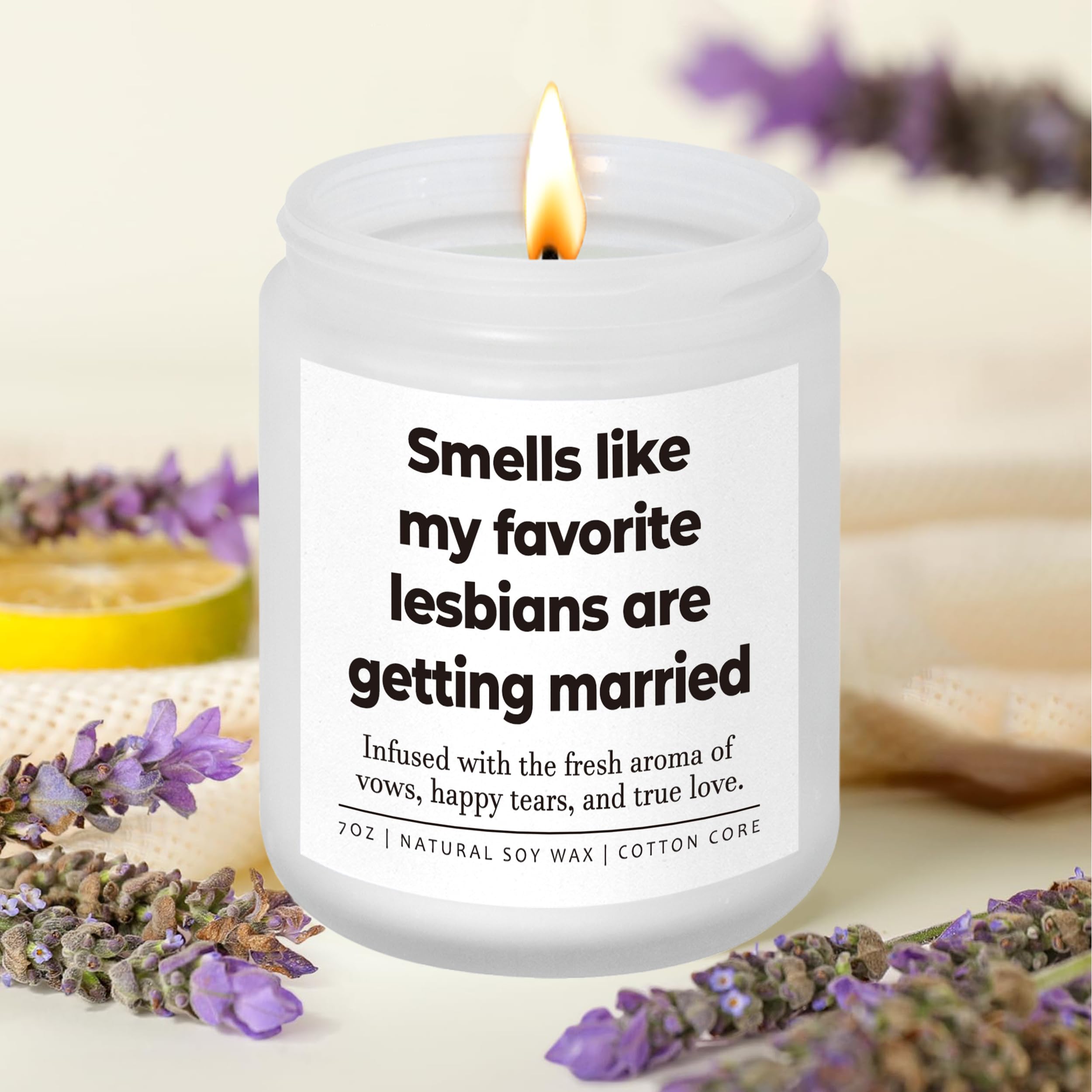 Lesbian Wedding Gifts for Couples, Funny LGBTQ Wedding Gift for Queer, Friends, Lesbian Bridal Shower Gifts for Bride, Lesbians Engaged Candle, Sister, 7oz Lavender Scented Soy Wax Candle