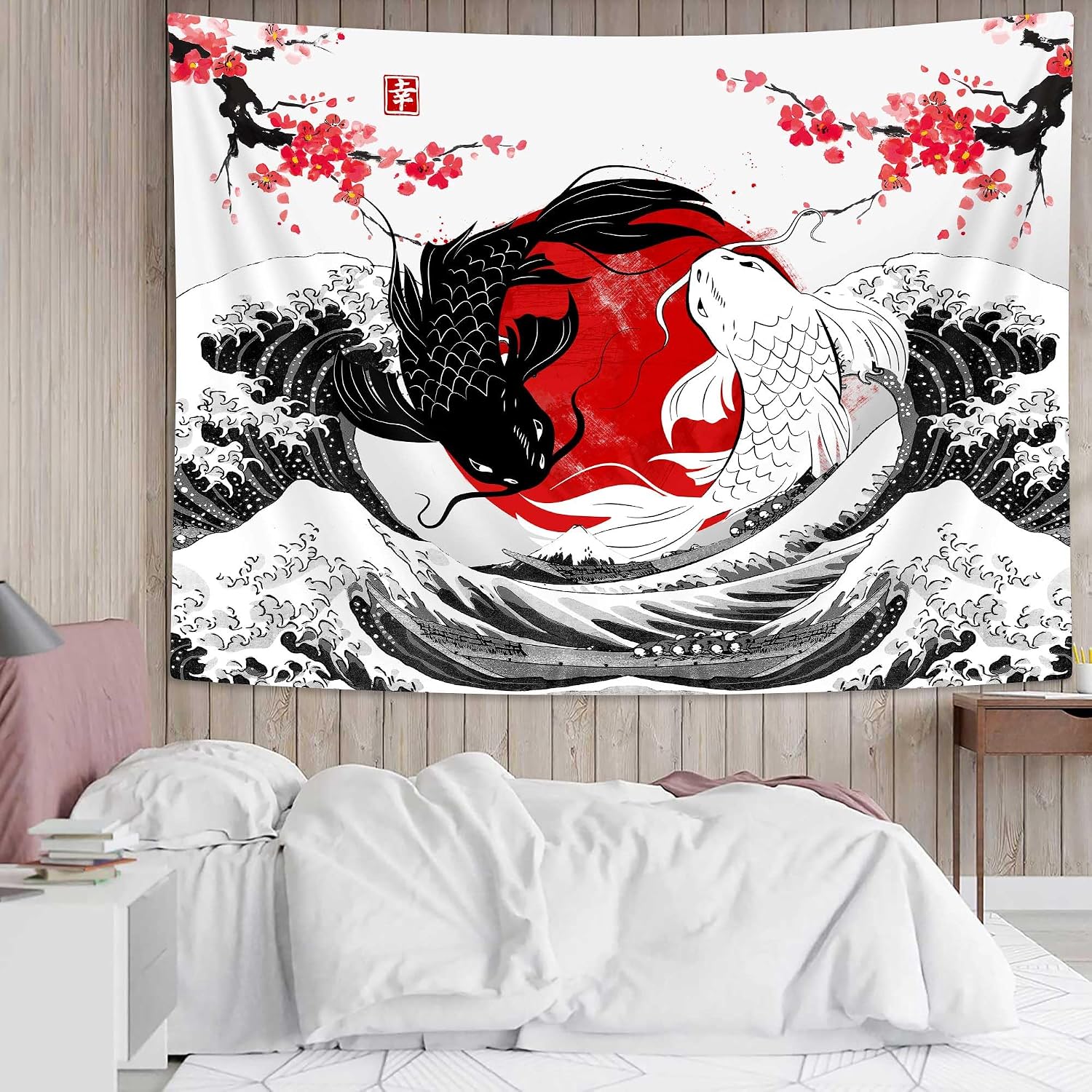NYMB Japanese Anime Tapestry, Black and White Yin Yang Koi Fish Tapestry for Bedroom Aesthetic, Asian Wave Cherry Blossom Tapestries Poster Beach Blanket College Dorm Home Decor, 90X70in image 5