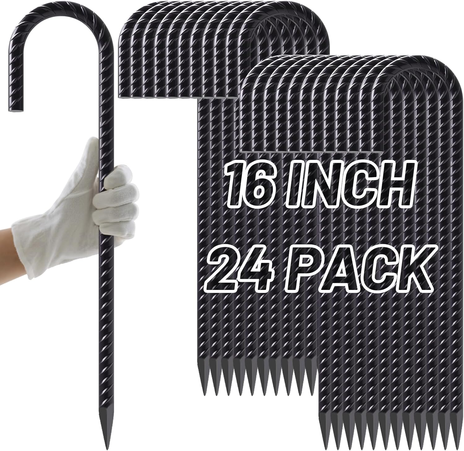 AAGUT Rebar Stakes 16 Inch J Hook Heavy Duty 24 Pack, 3/8 Inch Black Coated Metal Steel Ground Anchors Chain Link Fence Stakes for Camping Tent, Inflatables, Yard Decorations, Canopies & Swing Sets