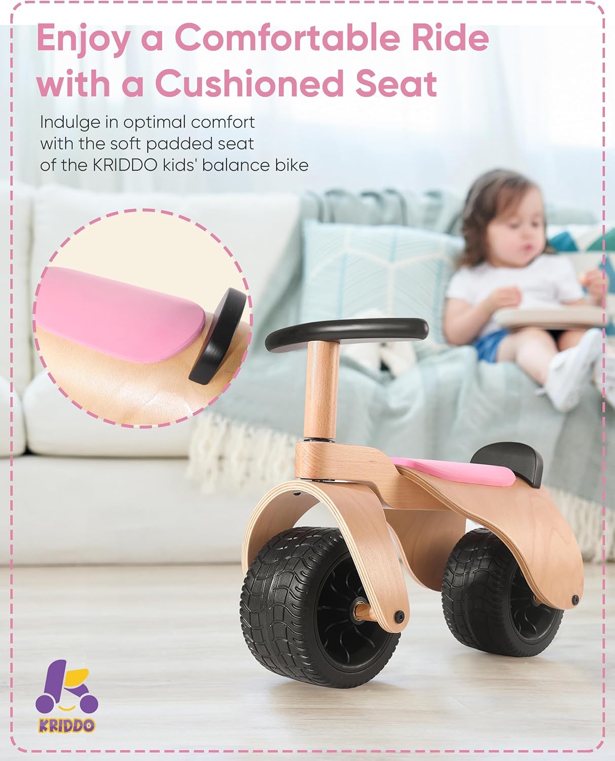 KRIDDO Wooden Baby Balance Bike 1 Year Old, Wide Wheels for Stable and Smooth Ride, Boy Girl First Balance Bike Gift for 12 Month to 3 Year, Non-Sharp Parts, Soft Seat, Pink
