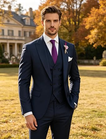 Wangyue Mens 3 Piece Suit Slim Fit Double Breasted Suits Wedding Party One Button Jacket Vest Pants Beige