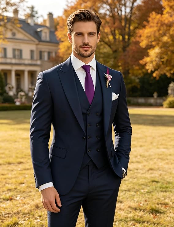Wangyue Mens 3 Piece Suit Slim Fit Double Breasted Suits Wedding Party One Button Jacket Vest Pants Beige