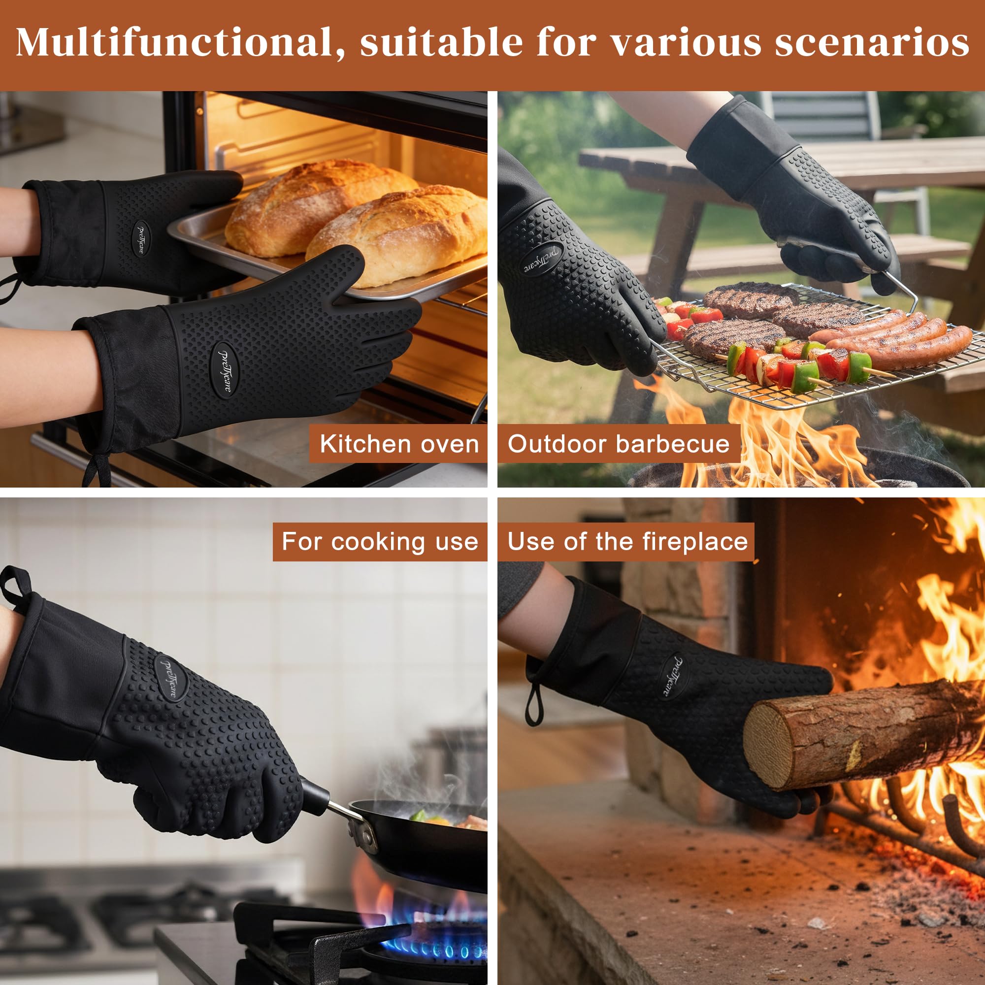 PrettyCare Gants de cuisine extra longs de 35,6 cm en silicone, imperméables et antidérapants avec doigts, gants de cuisine en silicone doublés de coton, résistants à la chaleur pour la pâtisserie, la