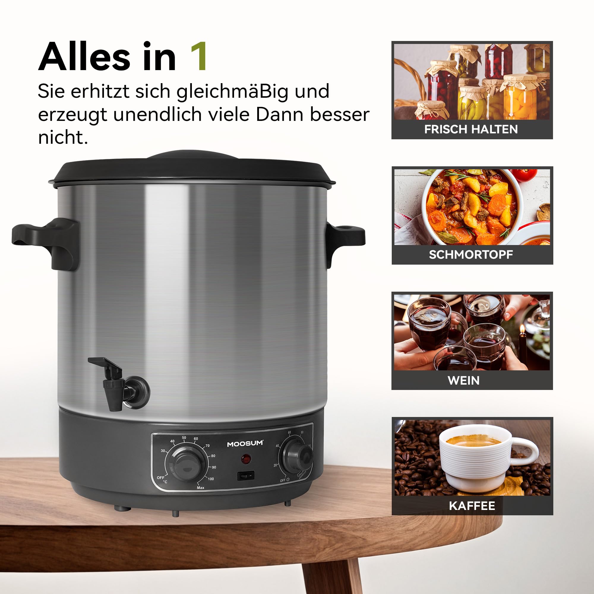 Distributeur de boissons chaudes - 27 l - Acier inoxydable 304-1800 W - 30-100 °C - Minuterie 20-120 min - Fonction maintien au chaud - Protection contre la surchauffe