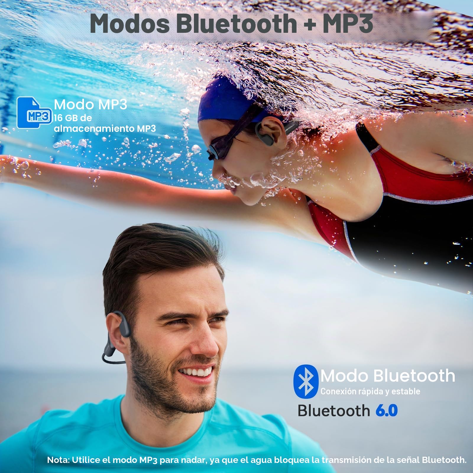 Auriculares Conducción Osea Natacion 16GB MP3 para Nadar Piscina Correr | Impermeable IPX8 para nadar correr, 26g Ultraligero para comodidad, Modos Bluetooth 6.0 y MP3, Material de silicona suave