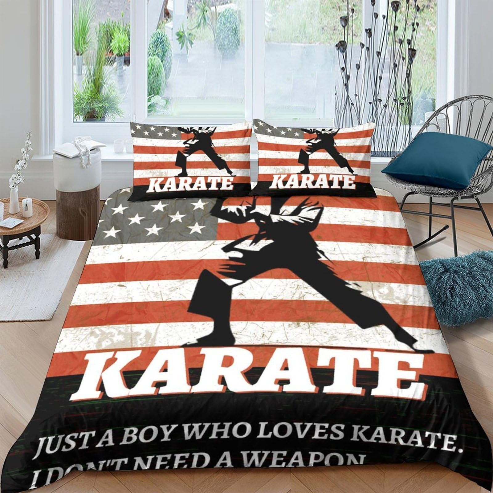 Ctjqhvkz Style-1 3D Printed Karate Silhouette Fitted Sheet Microfiber American Flag Bed Cover For Bedroom Guest Room Easy Care Single（135X200cm）