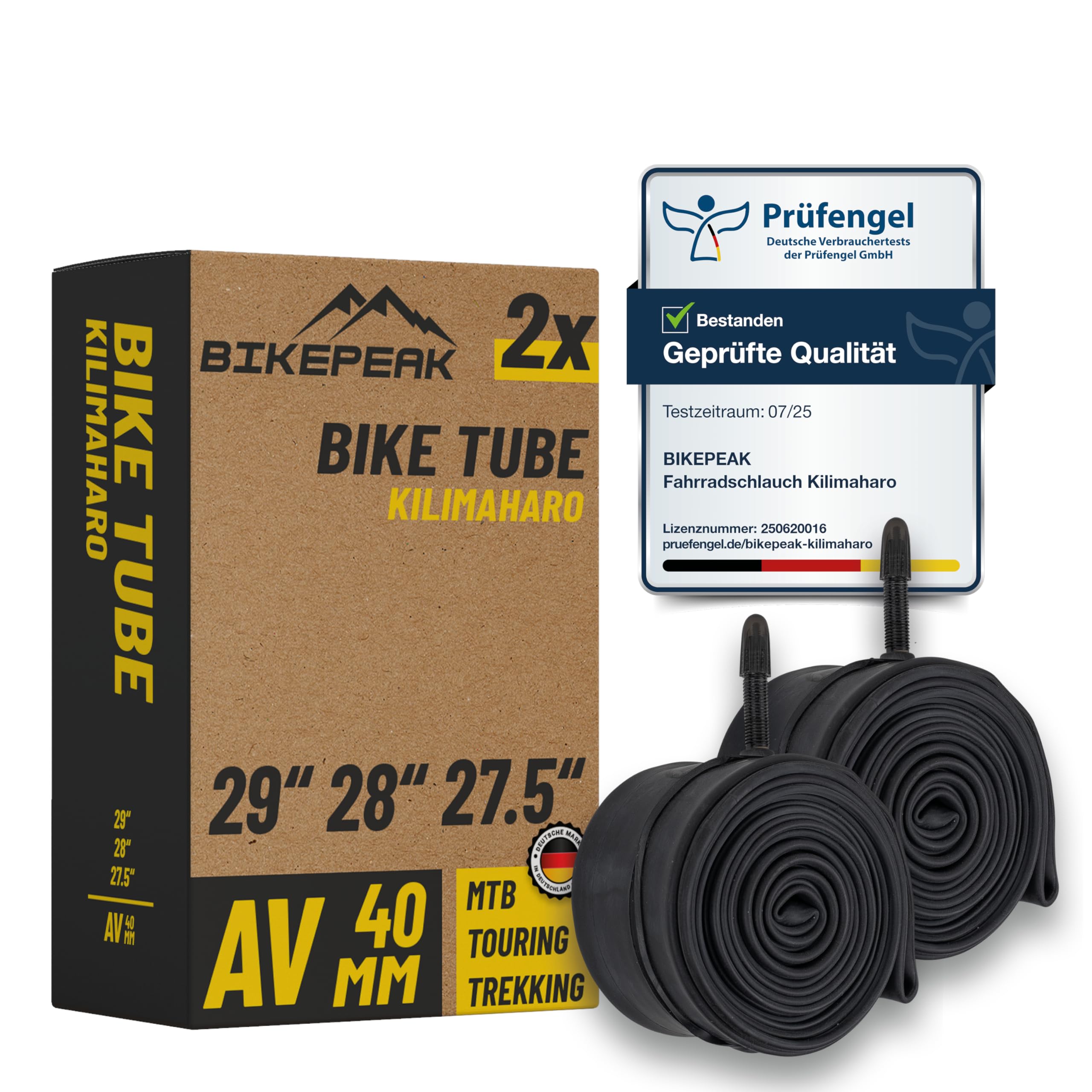 BikePeak 2X Fahrradschlauch MTB 29 28 27,5 Zoll mit schwarzem Autoventil 40mm - Schlauch AV Schrader Ventil, ETRTO 40/62-584/635-2er Set Schläuche Kilimaharo