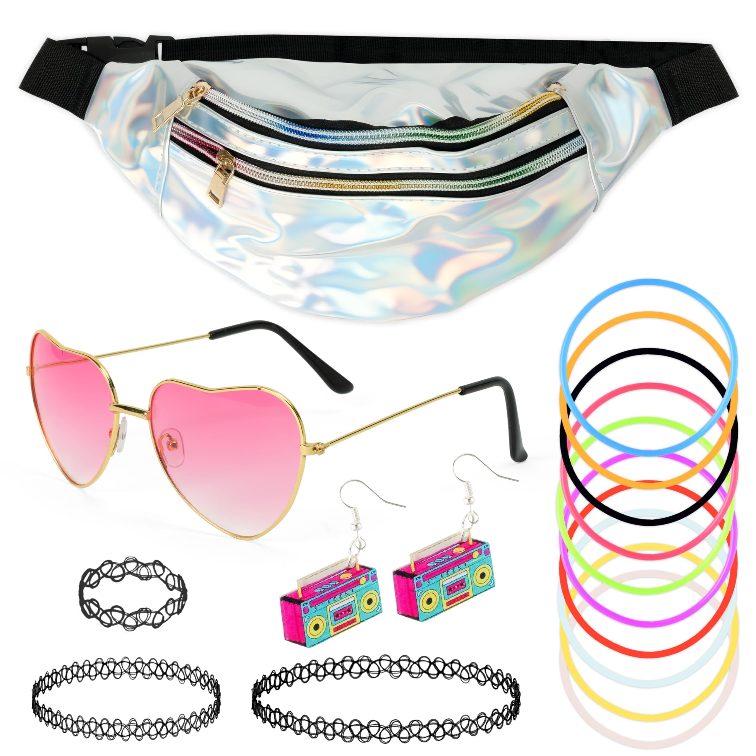 Ensemble d'accessoires des années 90 pour femme - 17 pièces - Costume de festival Malle avec sac banane argenté - Boucles d'oreilles Walkman - Lunettes en forme de cœur - Chaîne de tatouage