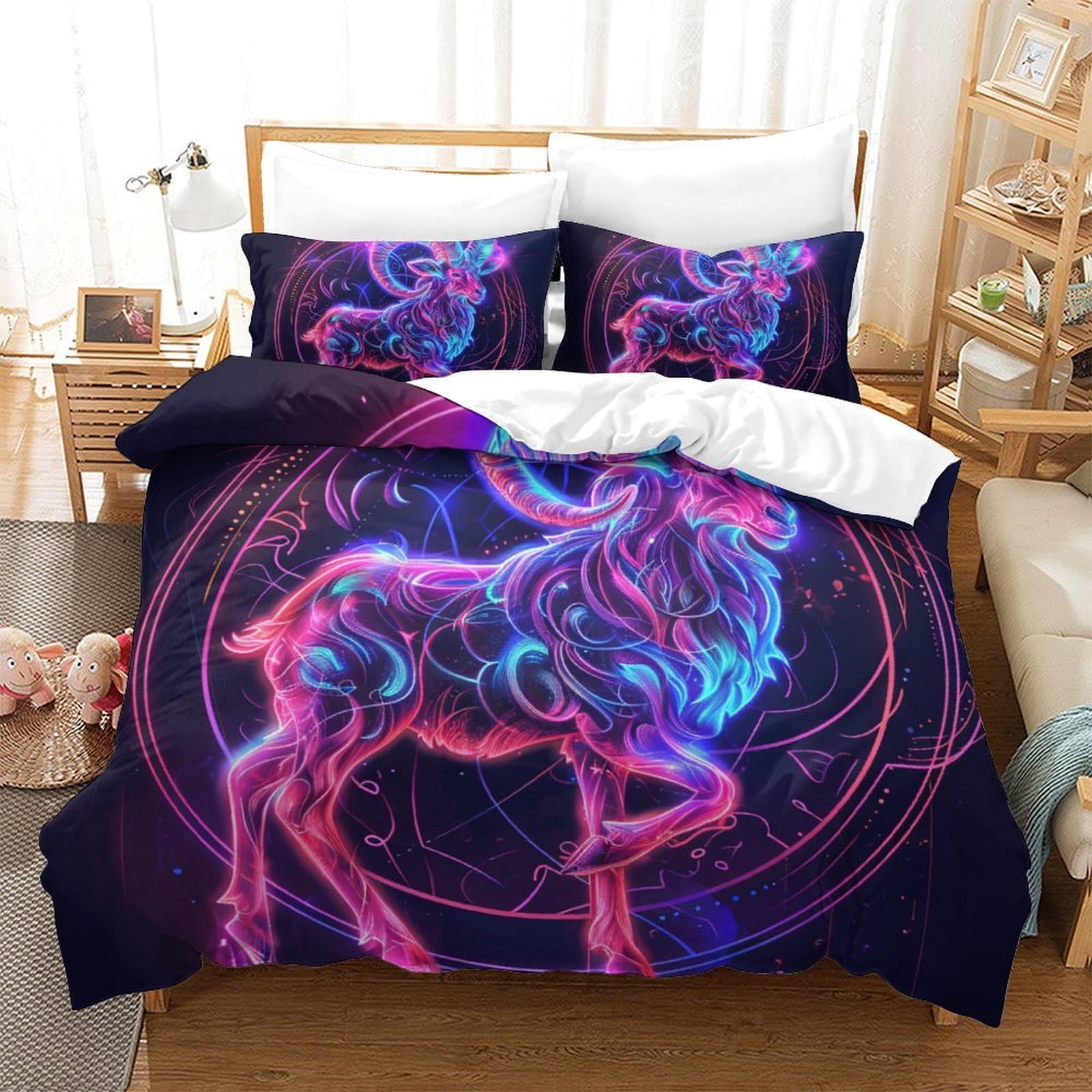Housse de couette 260x220 cm chèvre 3D avec parure de lit 3 pièces microfibre
