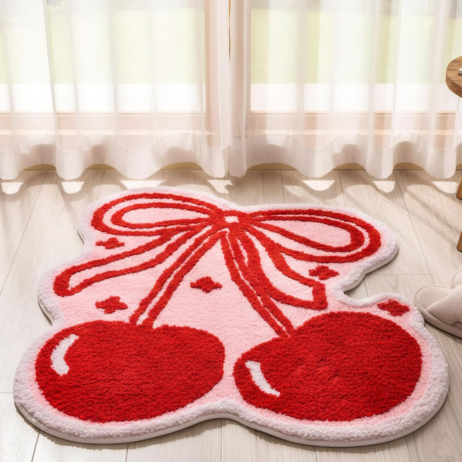 Nuanchu Cherry Bow Bathroom Rug 39.4 x 31.5'' Cute Cherry Red Bow Rug Soft Non Slip Fruit Shaped Absorbent Bath Mat Machine Washable Bath Mat for Bathroom Bedroom Living Room Home Decor