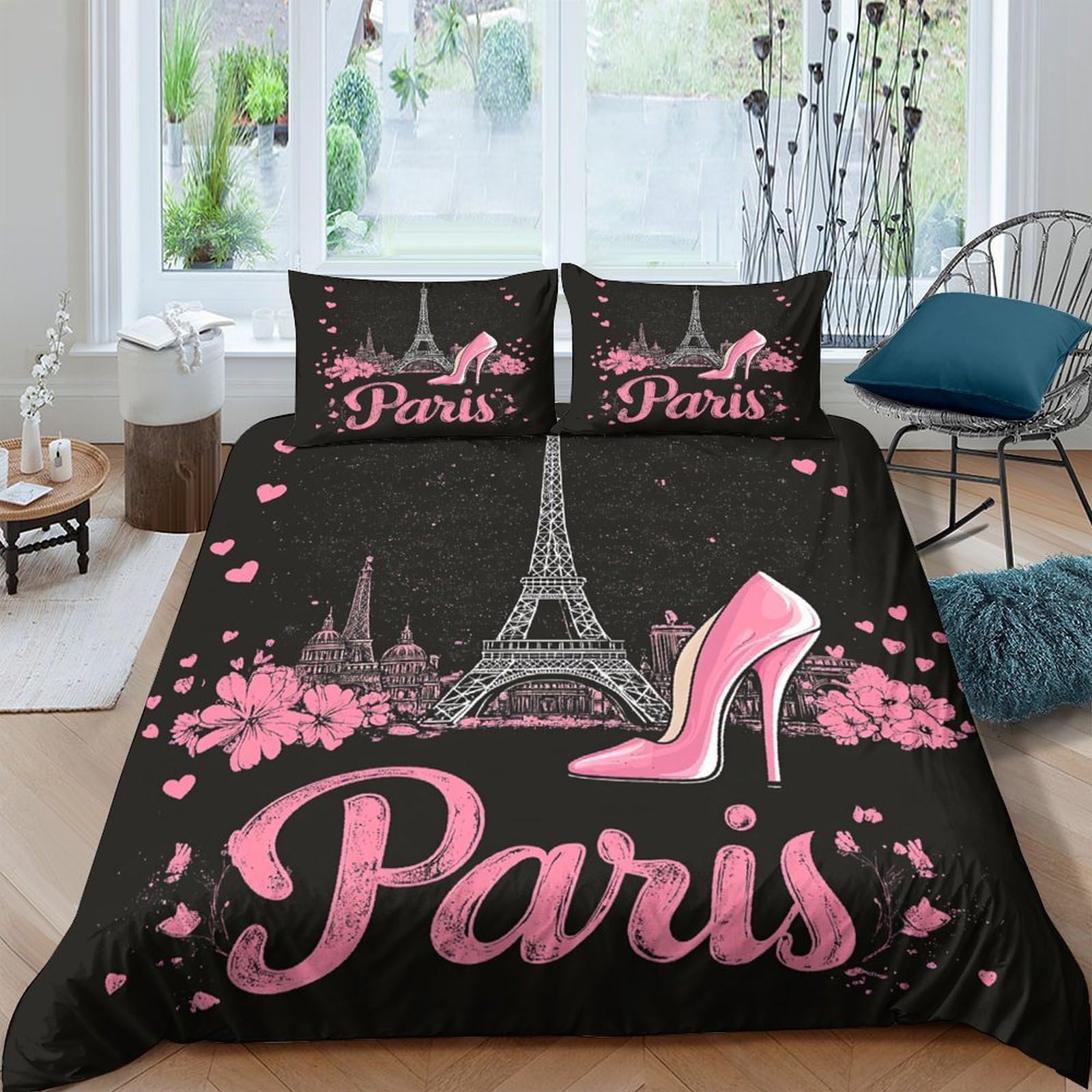 GPLZQXKJNH 3D Printed Paris Eiffel Tower Duvet Cover Microfiber Pink Black Bedding Set with 2 Pillowcases for Bedroom Decor Single（135x200cm）