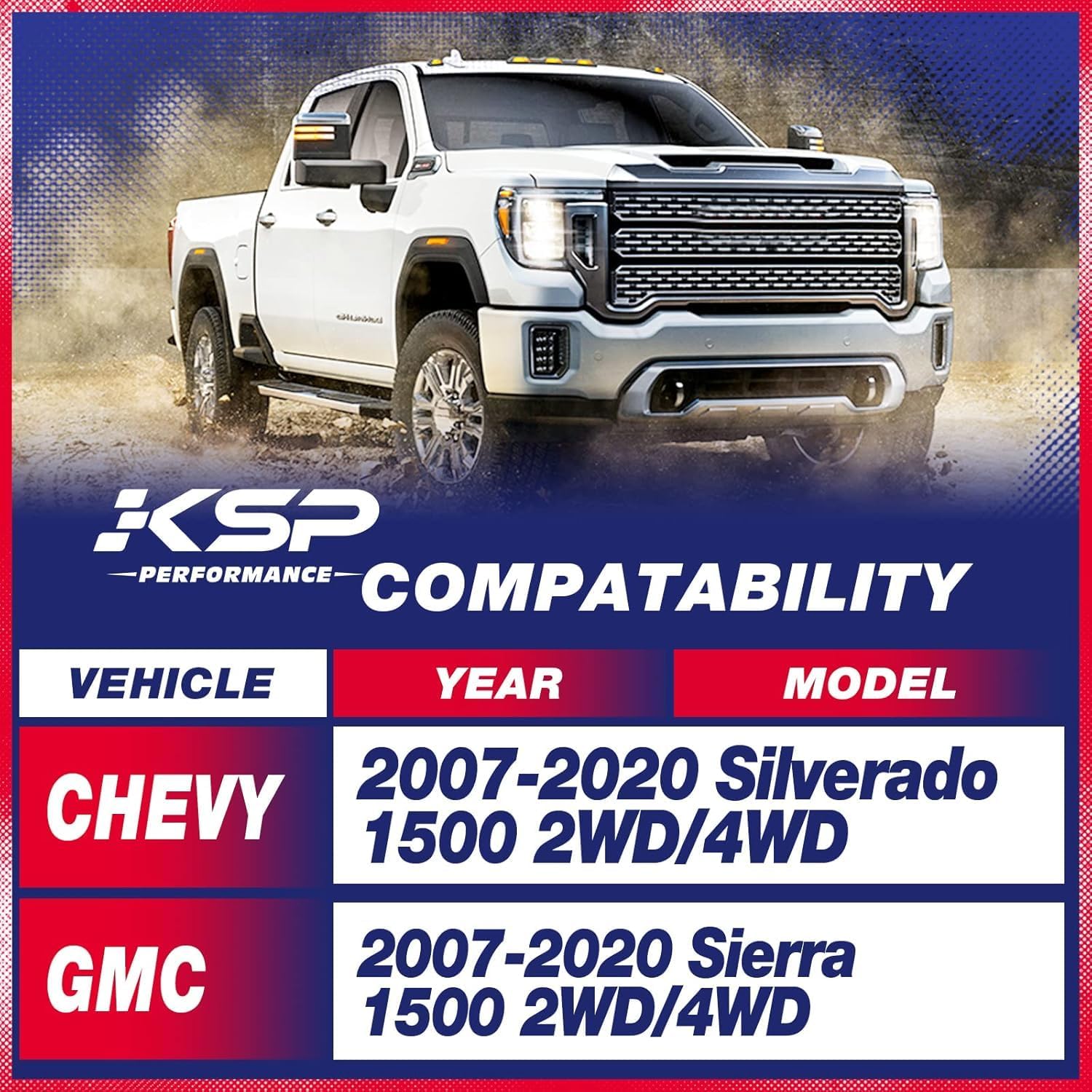 3"F+2"R Full Lift Kits for 2007-2020 Chev-y Silverado 1500 G/MC Sierra 1500 2WD/4WD，KSP 3 inch Front Leveling Kit and 2 inch Rear Lift Block