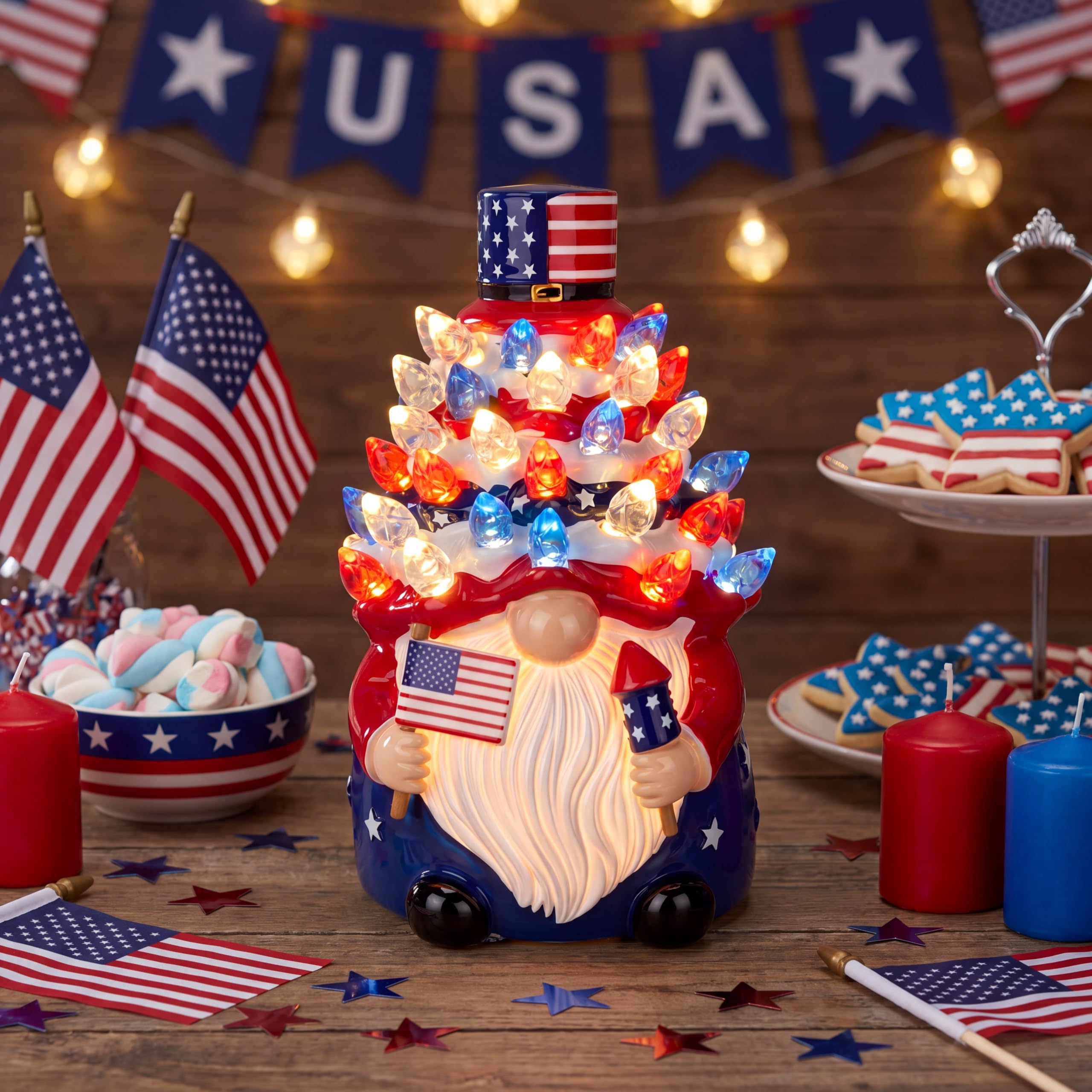 Gnomes patriotiques Capoda : le cadeau idéal en résine avec lumières pour le 4 juillet