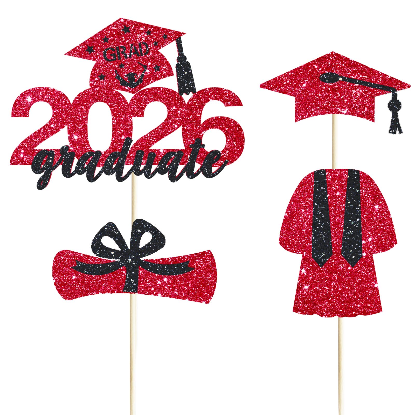 4 Pcs 2026 Graduate Cake Topper Red Glitter Congrats Grad Cake Topper Class of 2026 Cake Decor for 2026 Senior High School/College/University Happy