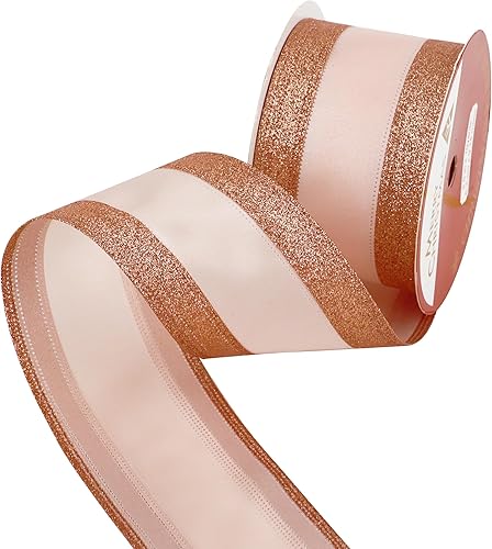 Miniatura 8 de HUIHUANG Cinta de satén con alambre de oro rosa con bordes de rayas con purpurina de 2.5 pulgadas, cinta de Navidad de oro rosa para árbol,