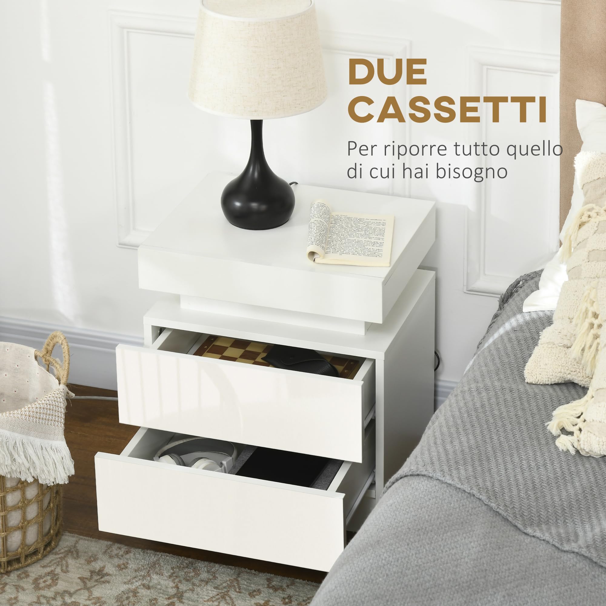 HOMCOM Comodino Camera da Letto LED 2 Cassetti 45x35x52 cm Bianco Lucido