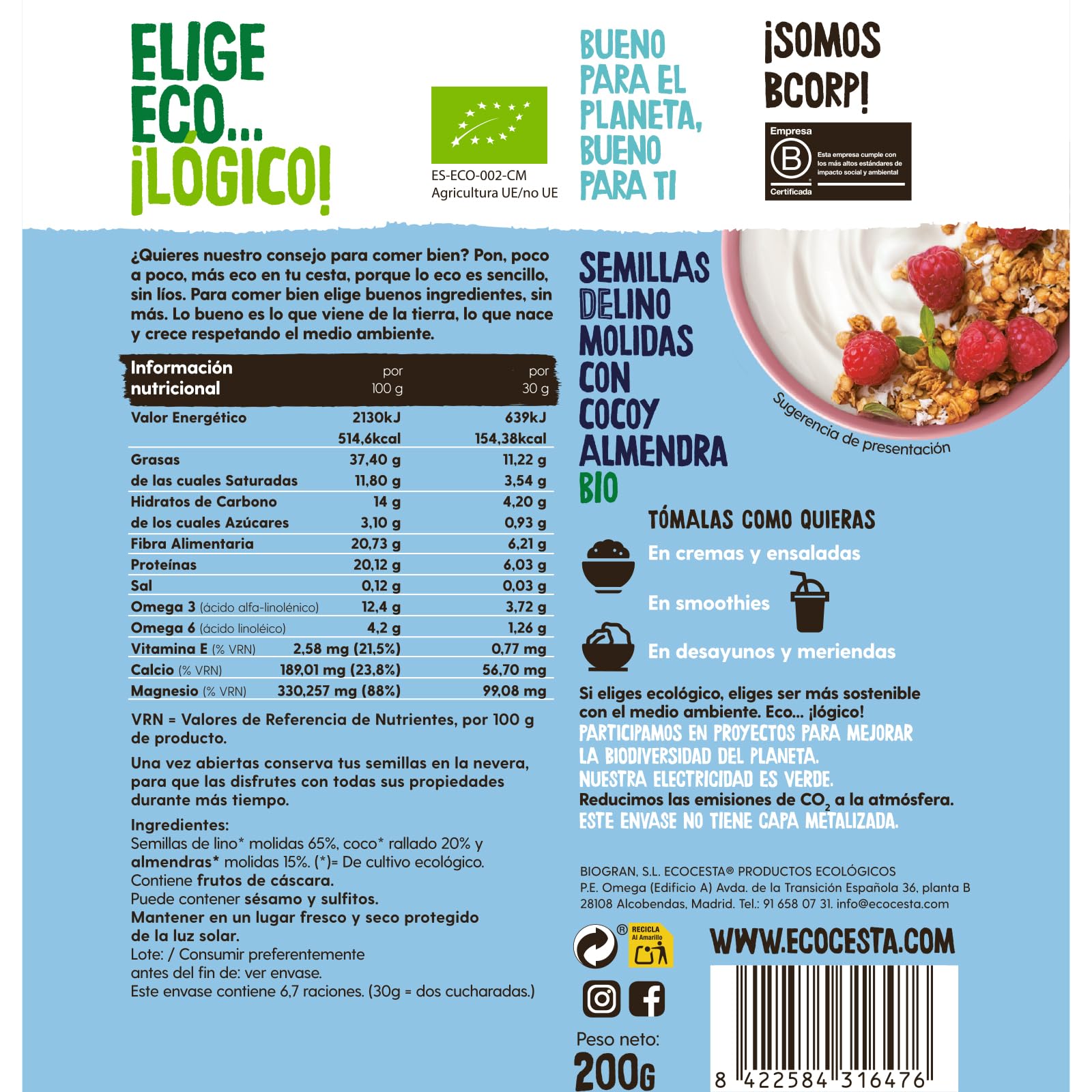 Ecocesta - Semillas Ecológicas de Lino Molidas con Coco y Almendra - 200 g - Sin Azúcares Añadidos y Sin Gluten - Alto Contenido en Fibra, Omega 3 y Vitamina E - Apto para Dieta Vegana y Paleo