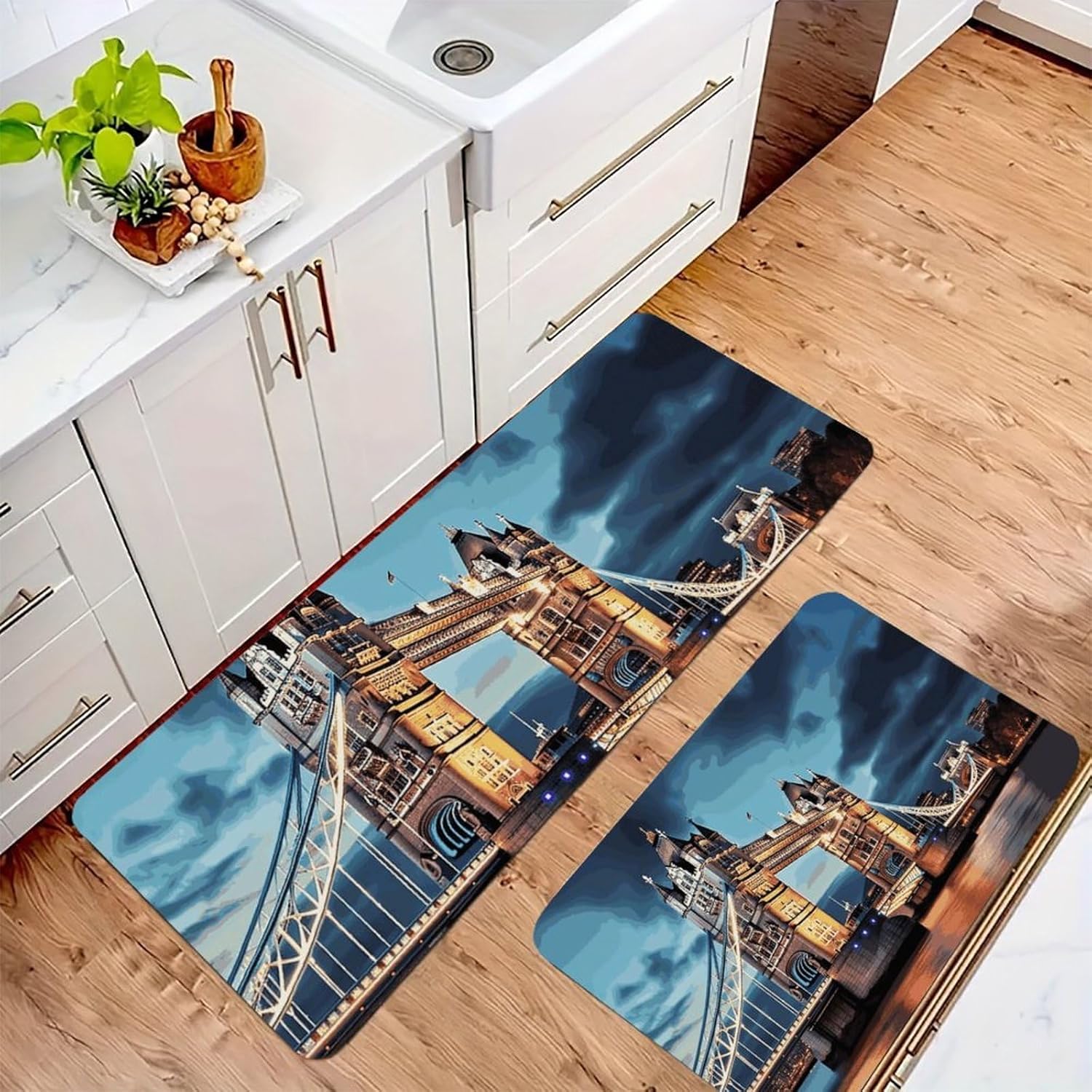 Tower Bridge in London Kitchen Mat for Floor, Non Slip Comfort Rugs Set for Office, Washable Mats for Laundry, Personalized Desk Mats for Bathroom, Bedroom, 24"×16"+47"×17"