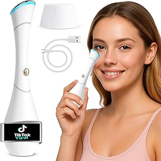 Eye Massager Wand with Heat, Vibration & Red/Blue LED, Ionic (Galvanic) Skincare Absorption, USB‑C Rechargeable with Charging Base, Helps Reduce the Look of Puffiness & Dark Circles