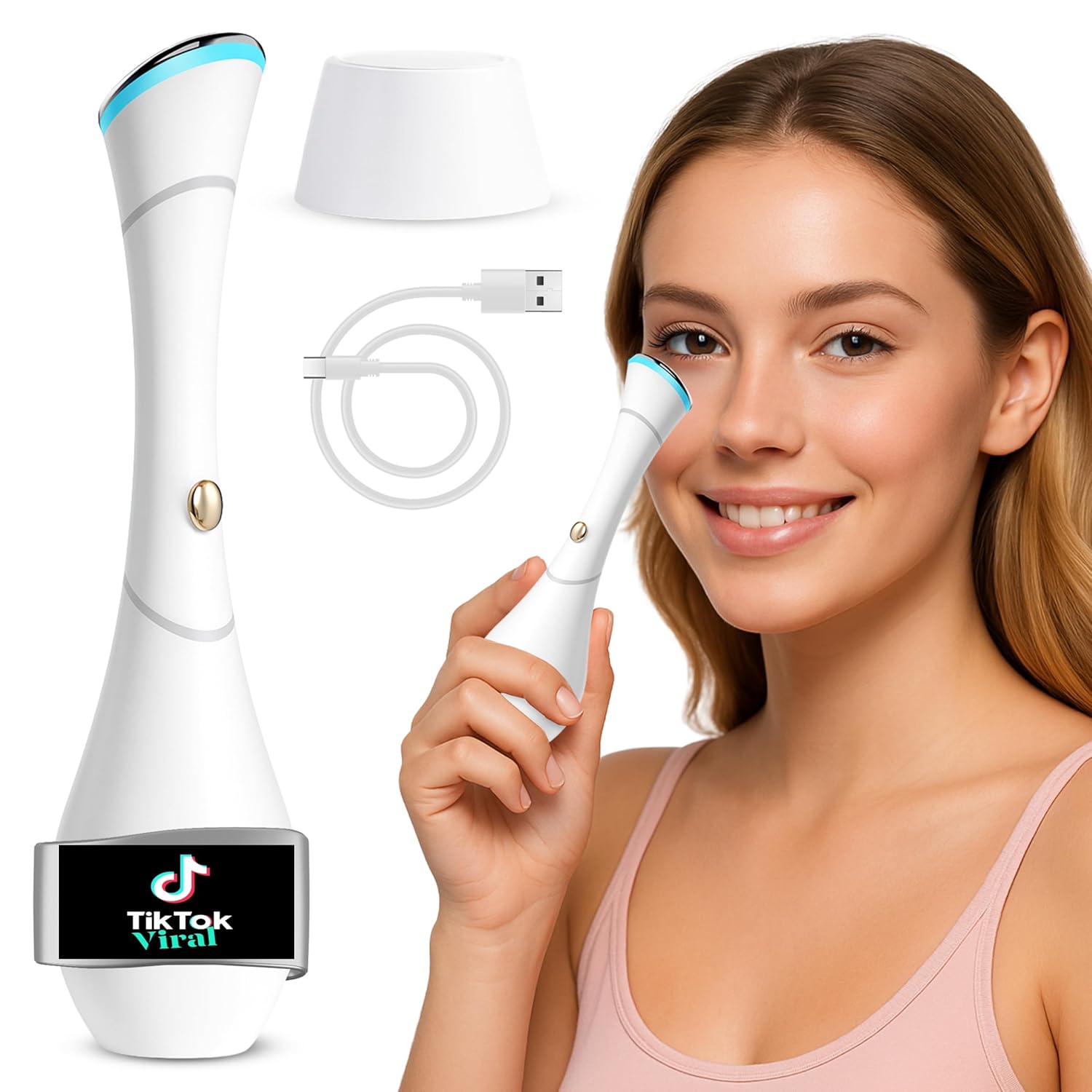 Eye Massager Wand with Heat, Vibration & Red/Blue LED, Ionic (Galvanic) Skincare Absorption, USB‑C Rechargeable with Charging Base, Helps Reduce the Look of Puffiness & Dark Circles