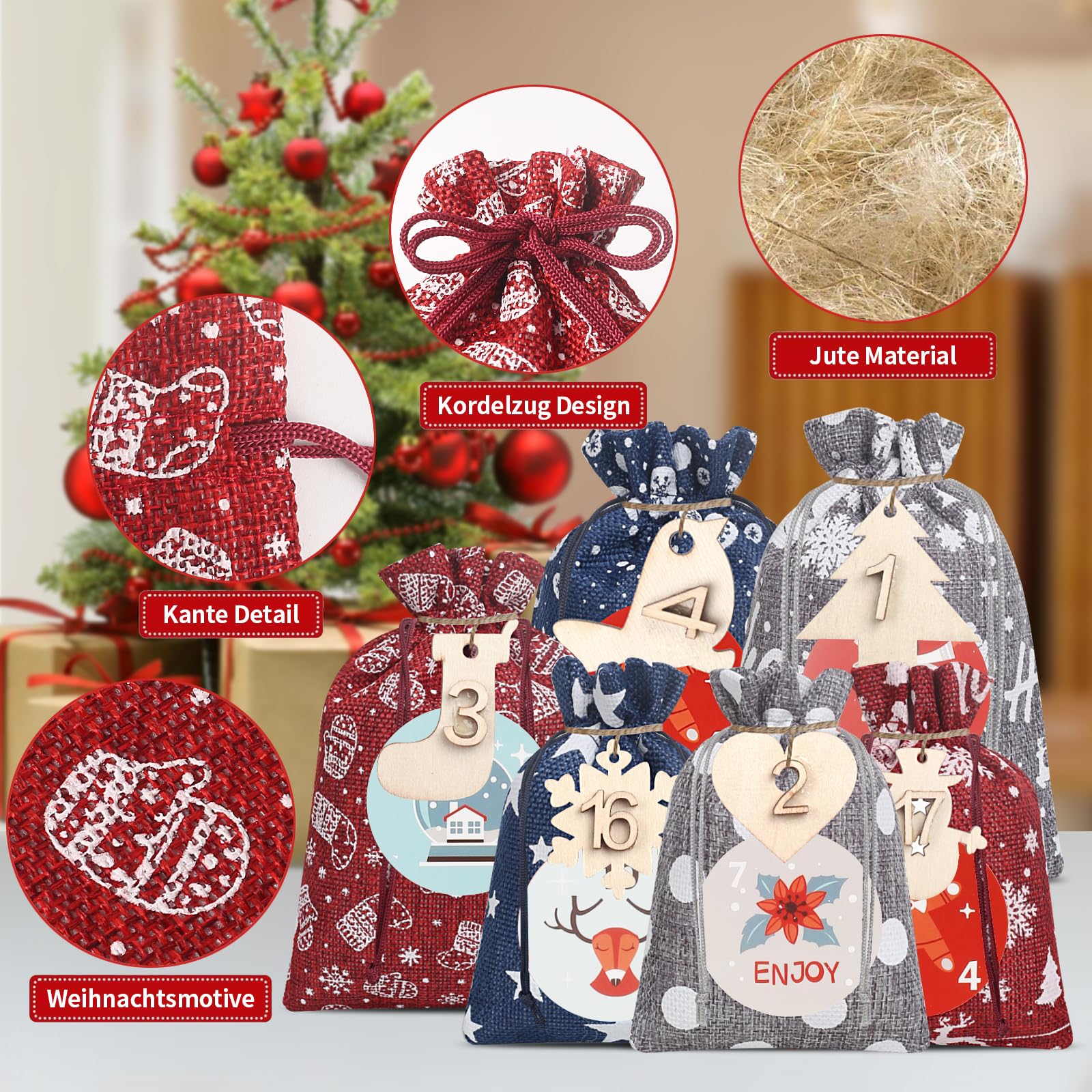 Calendario Dell'Avvento Fai Da Te In Stoffa - 24 Sacchetti Vuoti Per Natale | Decorazione Casa - Foto 8
