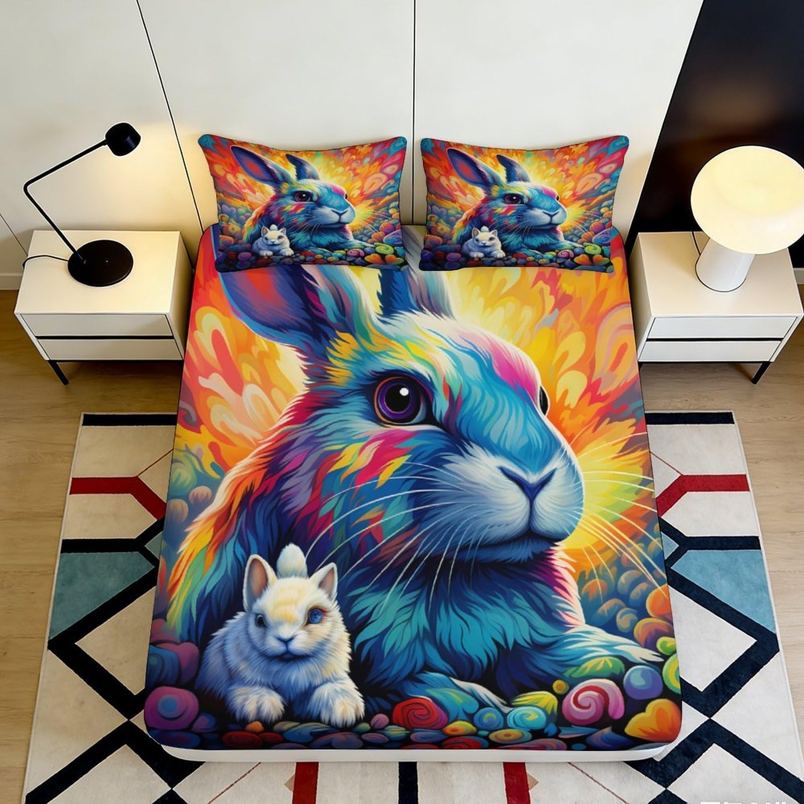 3D Printed Colorful Rabbit Fitted Sheet Microfiber Soft Breathable Vibrant Bunny Bed Cover for Bedroom Dormitory Guest Room Mattress Protection Decor 120x200x25cm
