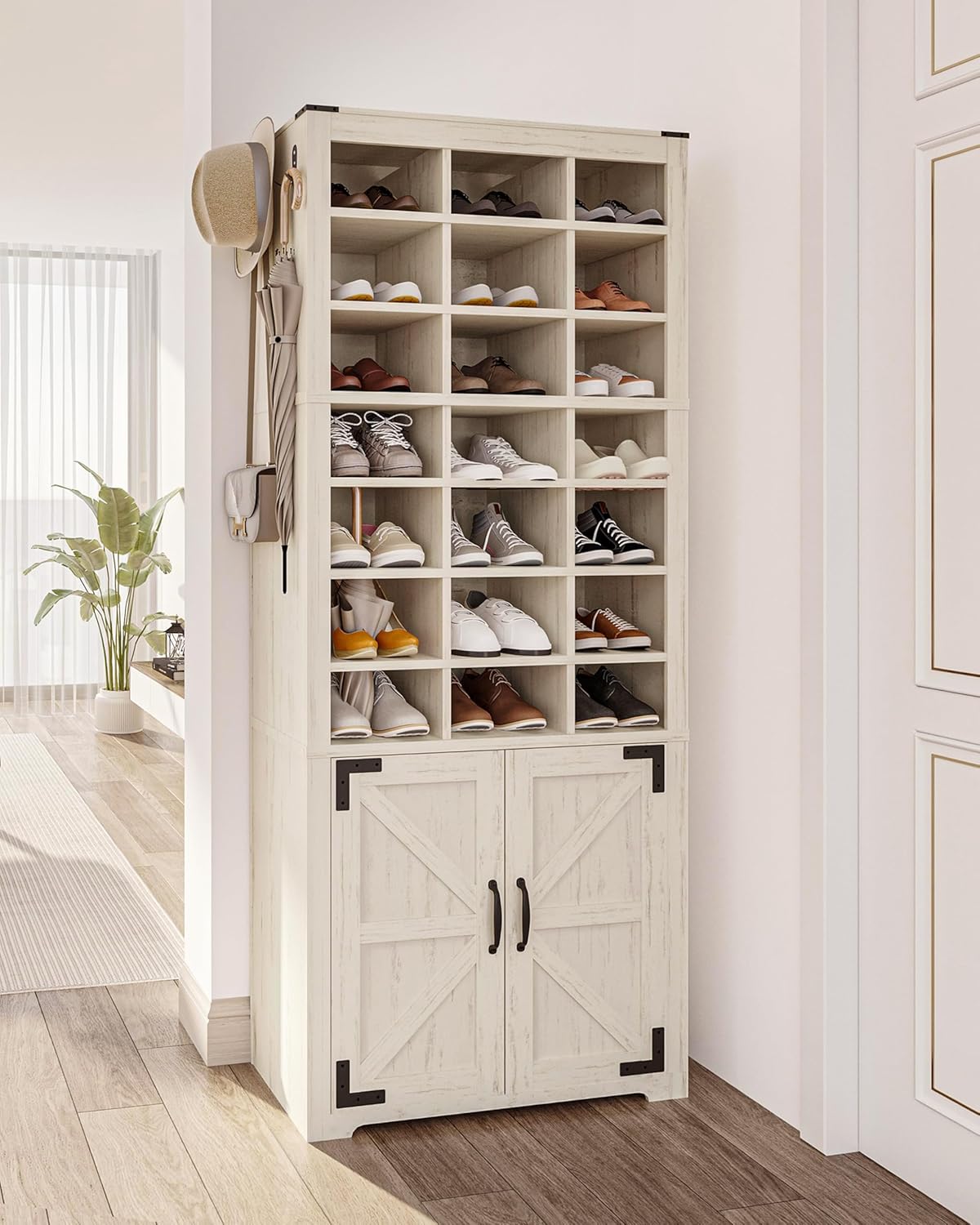 Hzuaneri Shoe Storage Cabinet with Doors, 10 Tiers Tall Shoe Cabinet Wood, 30 Pairs Farmhouse Shoes Cubby Organizer, Freestanding Entryway Shoes Rack for Closet, Bedroom, Rustic White SR20914X