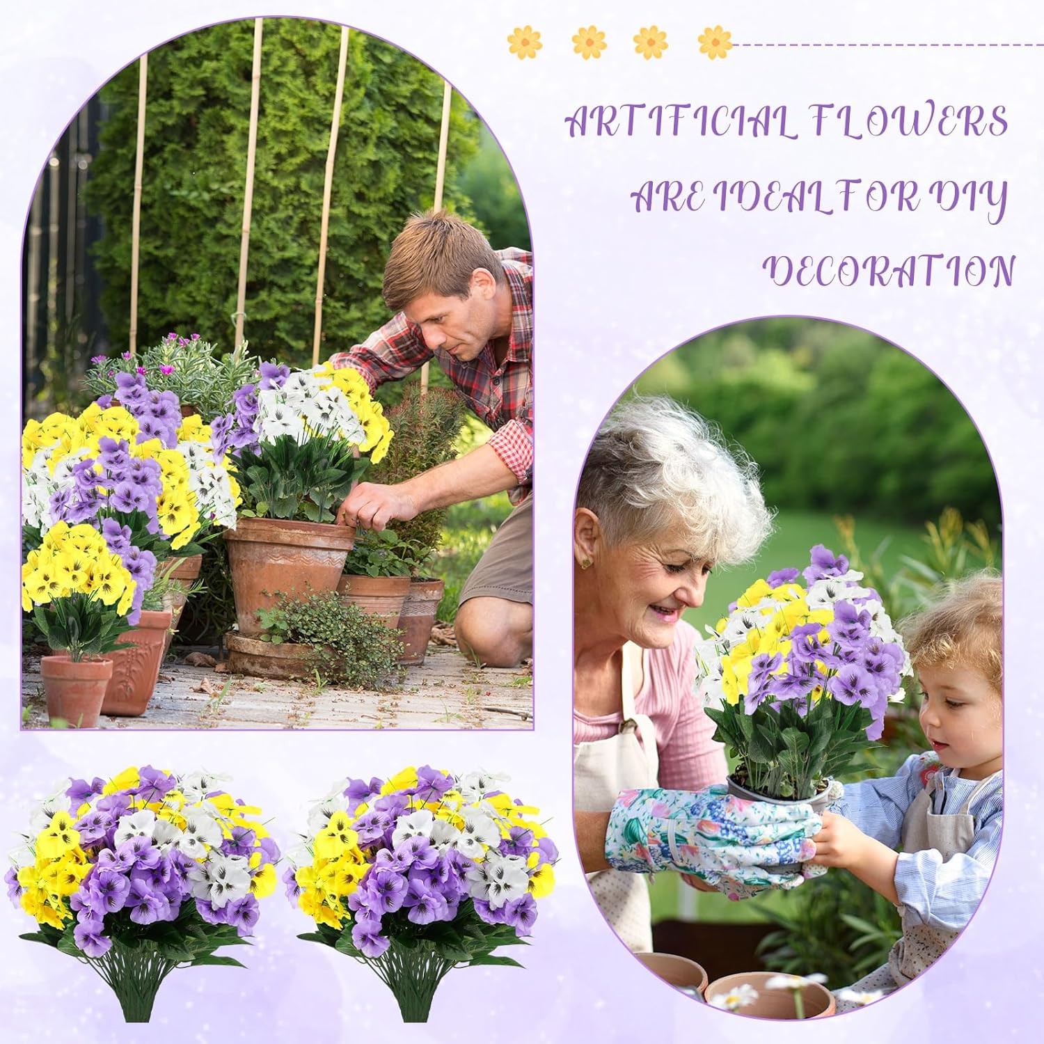 Zeyune 50 Bundles Artificial Pansies Flowers Outdoor Faux Silk Pansy Bulk UV Resistant Fake Plants for Spring Summer Home Garden Patio Porch Front Door Yard Decoration