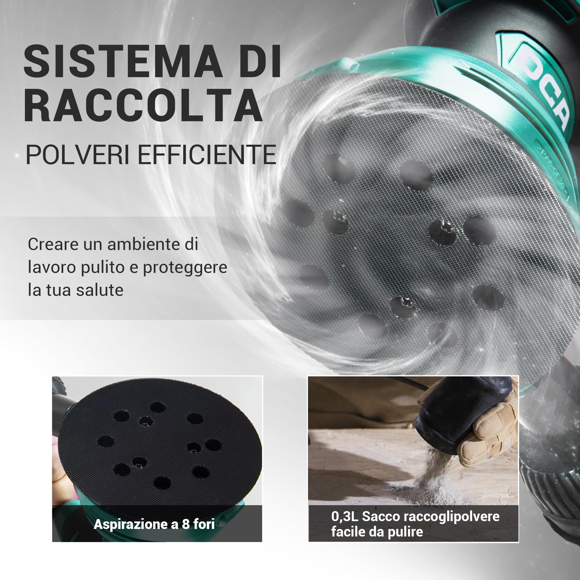 DCA Levigatrice Orbitale 300W, 6 Velocità Variabili 12000RPM Levigatrice Rotorbitale, Collecteur de Poussière, 10psc 125MM Dischi Abrasivi per la Lavorazione del Legno, Levigatura, Lucidatura, DIY