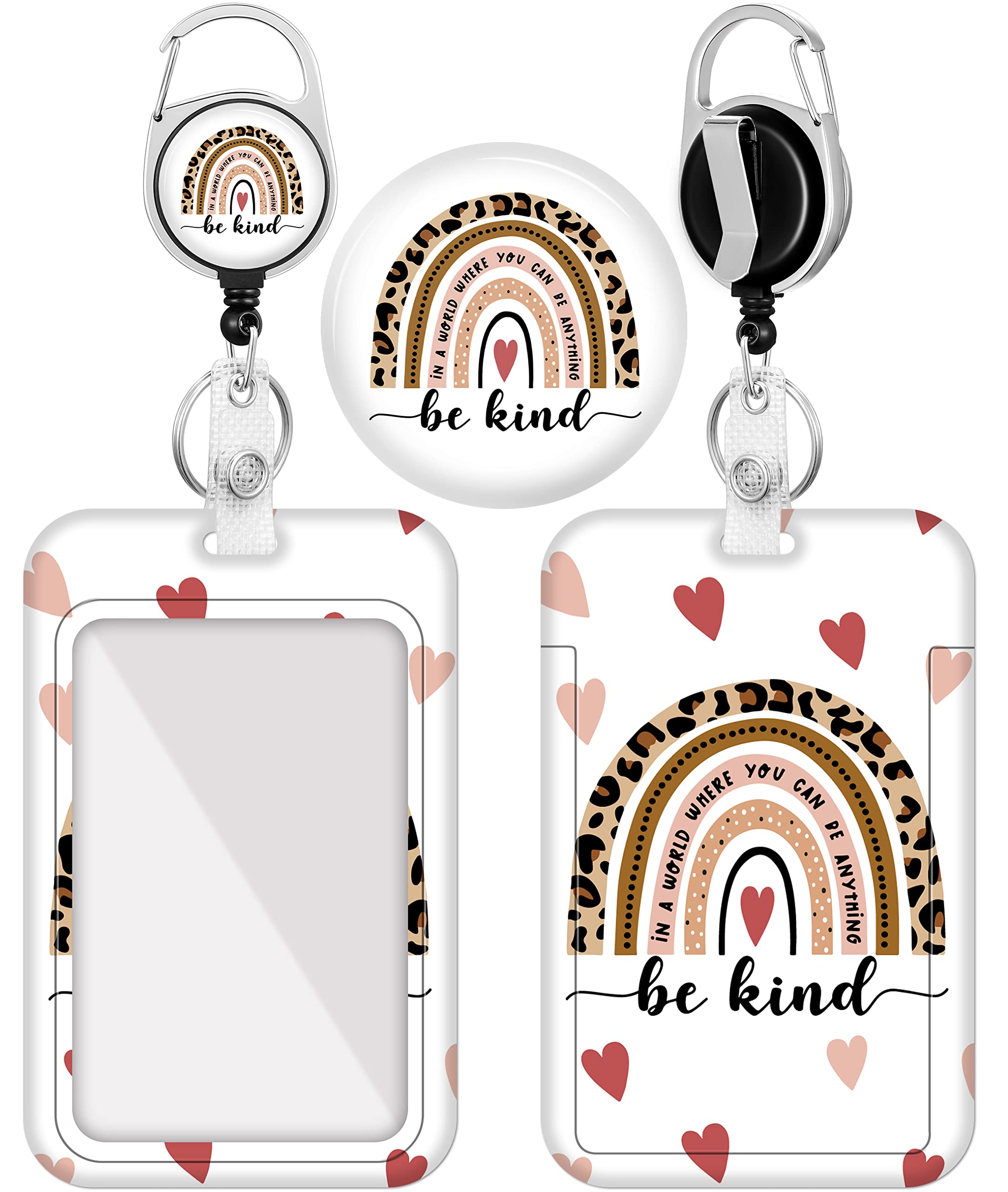 Plifal Badge Holder with Retractable Reel, Boho Be Kind Leopard Rainbow ID Name Tag Work Badge Clip Heavy Duty Vertical Card Protector Cover Case for