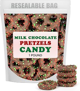 Milk Chocolate Covered Pretzels, Chocolate Pretzels, Nonpareils, Covered Pretzel Nonpareils Candy. Christmas Candy Bulk – Christmas Sweets for Kids & Adults -1 pound - 16 oz Resealable Bag