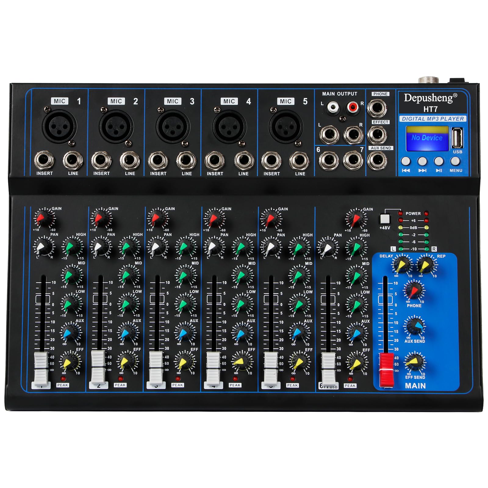 Depusheng HT7 Console de mixage audio Bluetooth portable avec table de mixage DJ USB et prise MP3, alimentation 48 V pour enregistrements sur ordinateur, console de mixage à 7 canaux pour