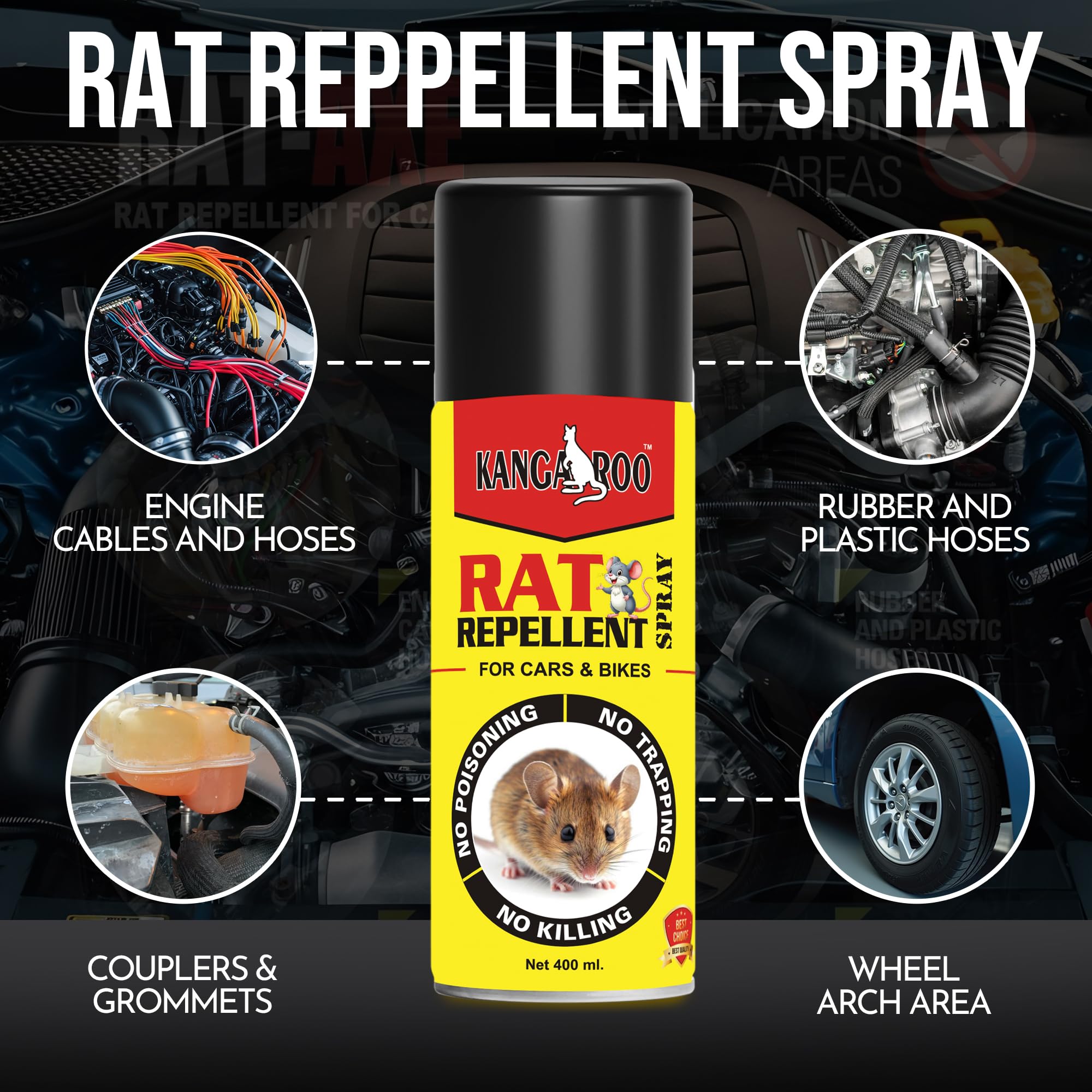 Kangaroo Rat Repellent Spray 400 ml for Cars Highly Effective with and Powerful Protection from Rats, Spray Protect Wires in Car, Bike | Camphor Fragrance | Non Toxic | No Kill Only Repels | 60 Days Protection (400 ml (Pack of 1) - Image 3 thumbnail