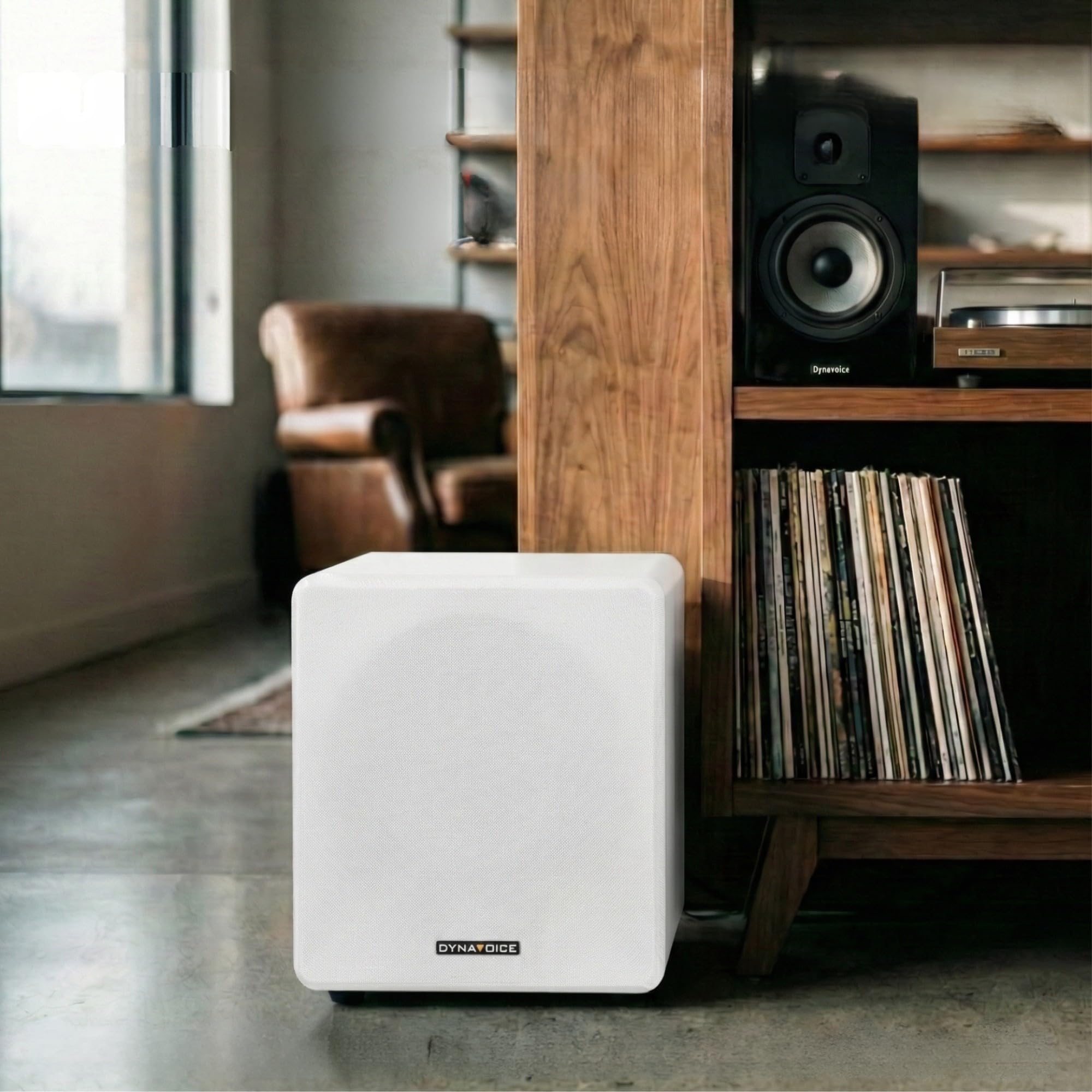 DYNAVOICE Challenger Sub-8 Blanco Mate – Subwoofer Activo 8” 90W RMS (125W Máx.), Recinto Cerrado, Control de Frecuencia | Rejilla Gris Claro y Aislantes de Silicona | Home Cinema y HiFi