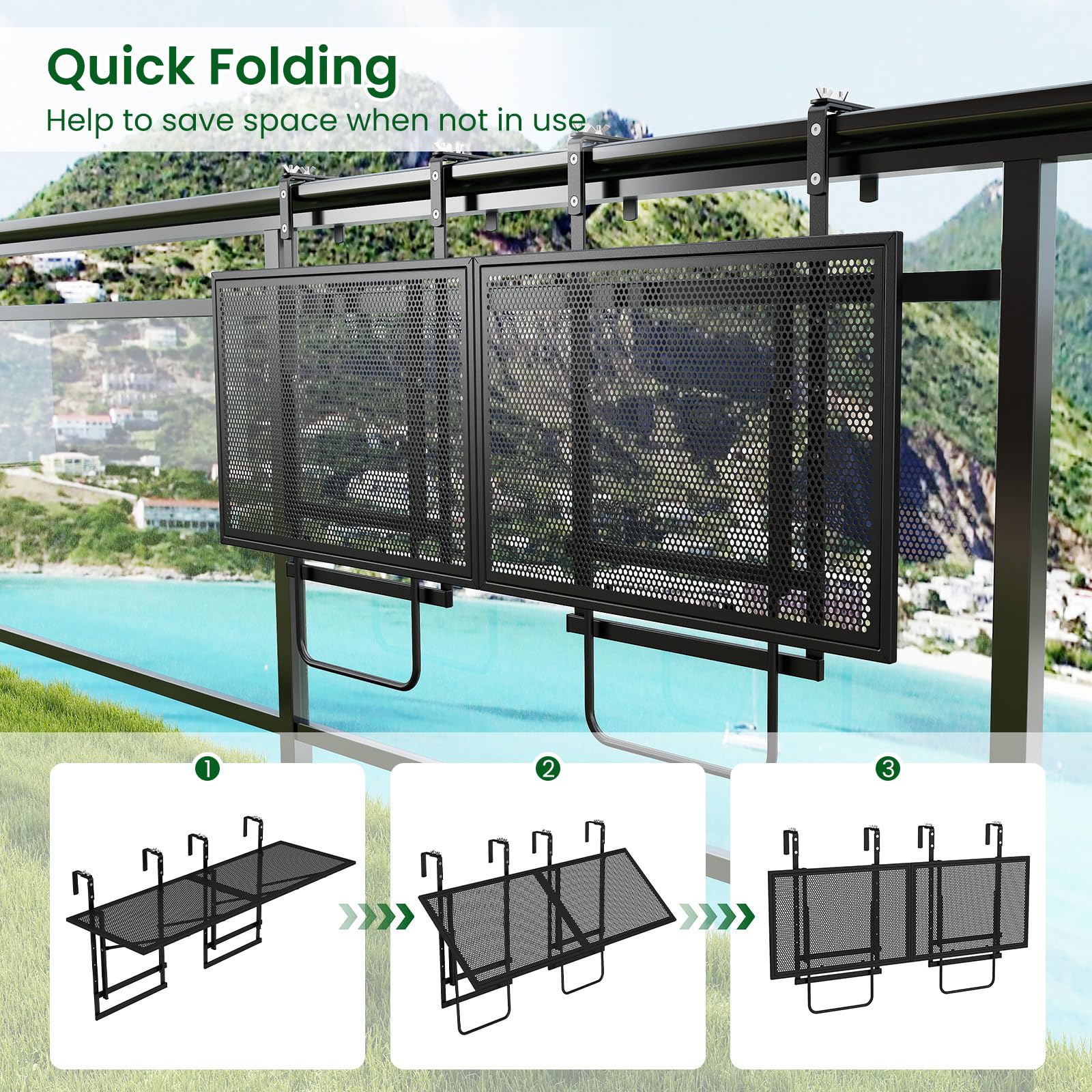 GIANTEX Set di 2 Tavolini da Balcone Pieghevoli, 121 x 41 x 60-80 cm | Tavolo da Ringhiera in Metallo con Ampio Ripiano, 5 Livelli di Regolazione in Altezza, Tavolo Sospeso Richiudibile
