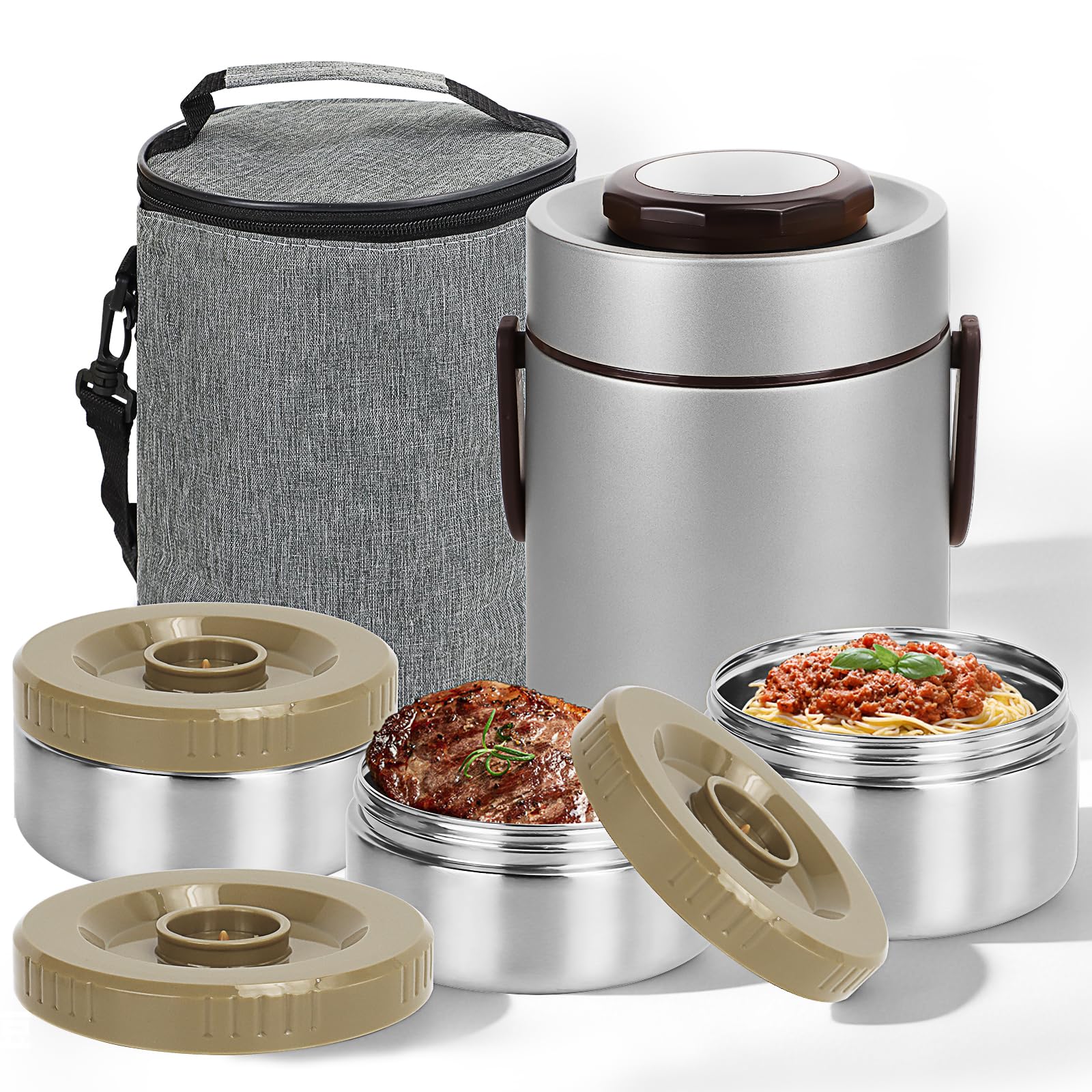 Thermobehälter Essen 2L/67oz Edelstahl Warmhaltebehälter 3-lagige Isolierbehälter für Speisen, Auslaufsicherer Speisewärmer mit Tragetasche für Erwachsene & Unterwegs, Silber