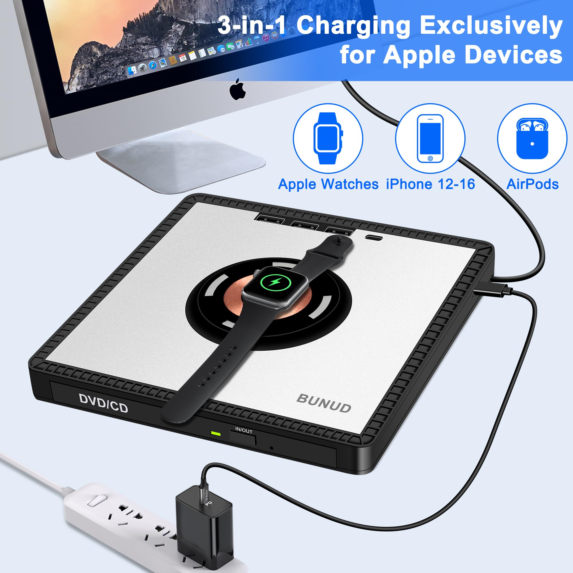 BUNUD Unità CD DVD esterna: USB 3.0 Superdrive per Mac Apple con caricabatterie wireless - Ricarica rapida 3 in 1 per iPhone/iwatch/AirPods - Masterizzatore CD portatile in alluminio Plug and Play con