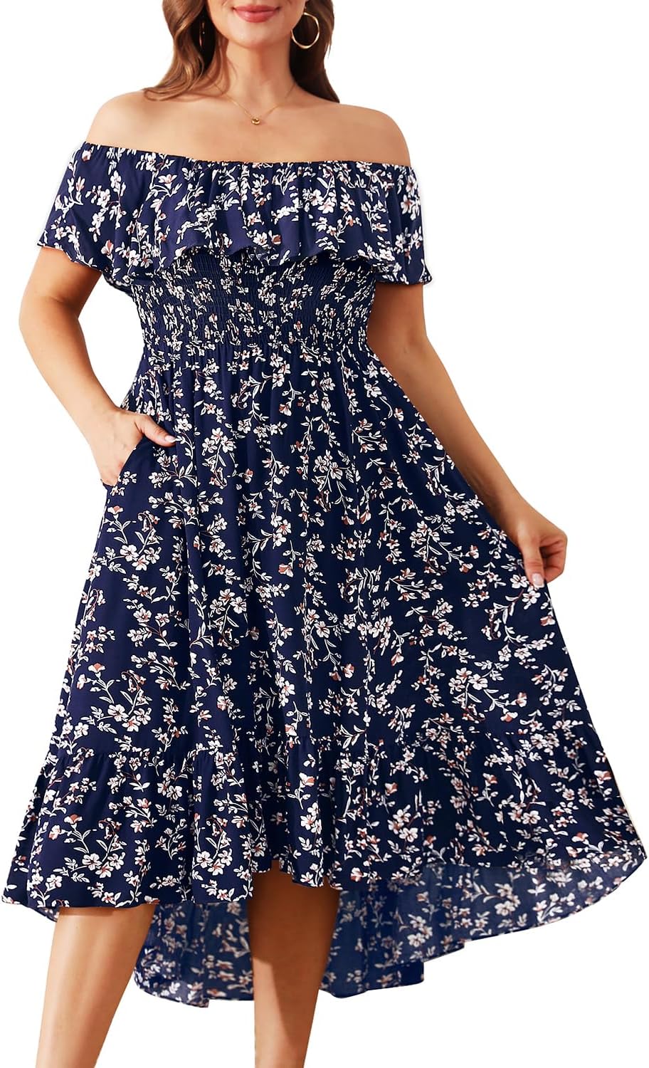 Pinup Fashion Plus Size Summer Dresses - Off Shoulder Ruffle Boho Casual High Low Smocked Dress with Pockets