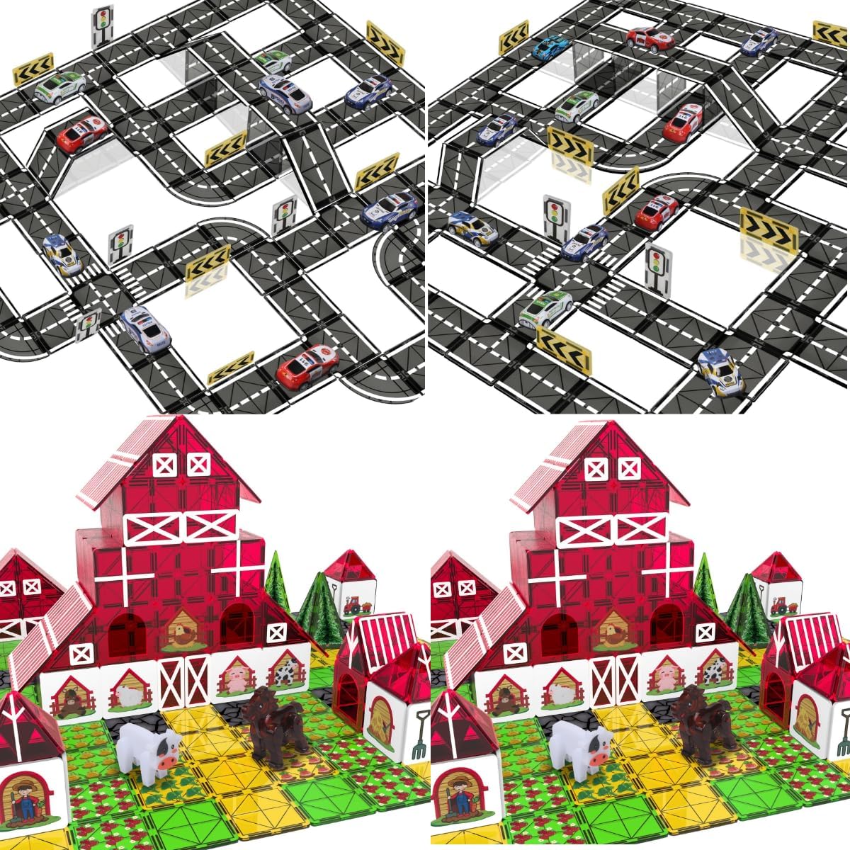 94PCS-Magnetic Tiles Road Set with Pullback Car+Magnetic Tiles Farm Animal Toy Set with Interactive Cow & Horse,Magnetic Building Blocks for Kids Ages 3-5 4-8 5-7, Magnet Tiles Educational STEM Toy fo