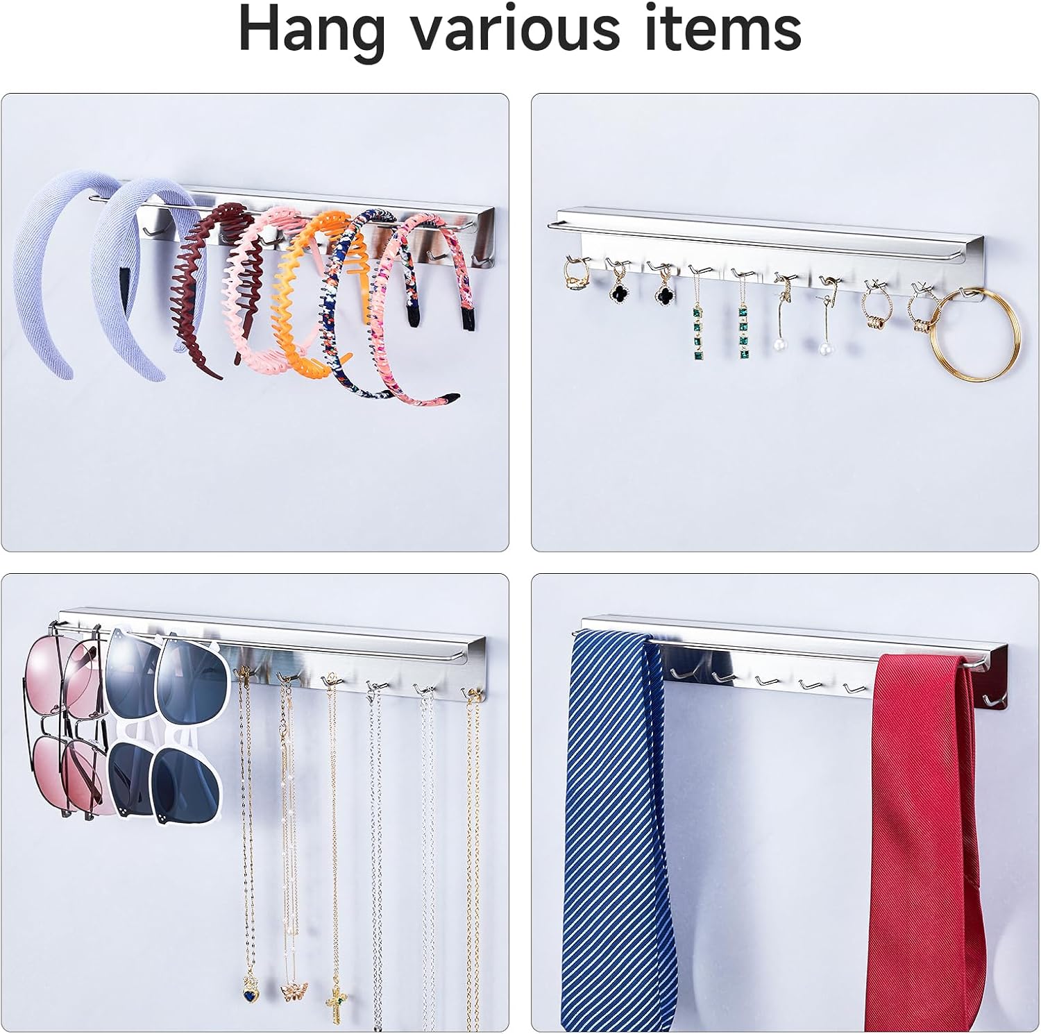2PCS Sunglass Organizer Wall & Necklace Holder, Sunglasses Holder Wall Display with 20 Jewelry Hooks for Earring Bracelet Glasses Storage, Necklaces Hanger, Hanging Jewelry Organizer, Silver