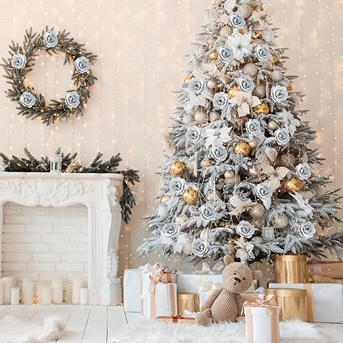 Miniatura 7 de Rosas plateadas, 30 rosas artificiales con purpurina con tallos para manualidades, ramo de boda, fiesta, decoración del hogar (plateado)