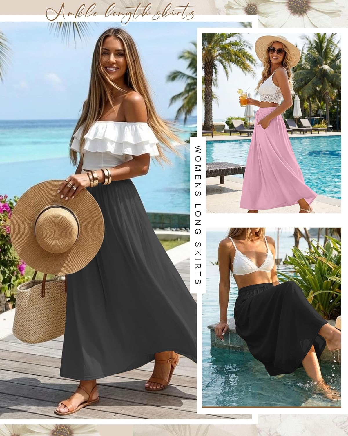 Ficerd 3 Pack Women's Maxi Long Skirts, Ankle Length a Line Elastic High Waist Summer Casual Drawstring Skirts with Pockets - Image 2