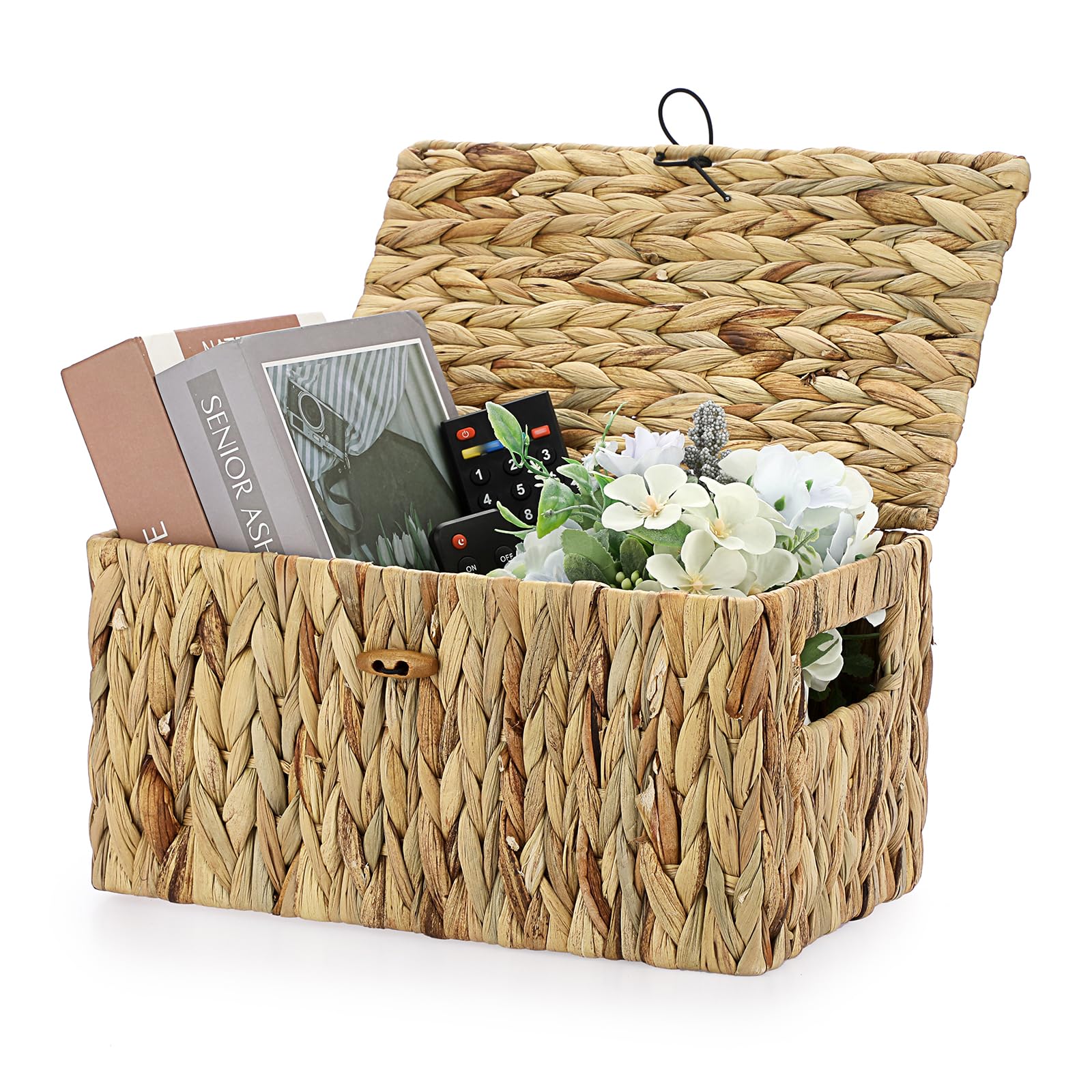 OGANAZI Cajas de mimbre de jacinto de agua natural, cestas de almacenamiento de mimbre tejido con tapas, cestas de almacenamiento para baño, dormitorio, cocina, oficina, 31 x 18 x 16 cm (mediana)