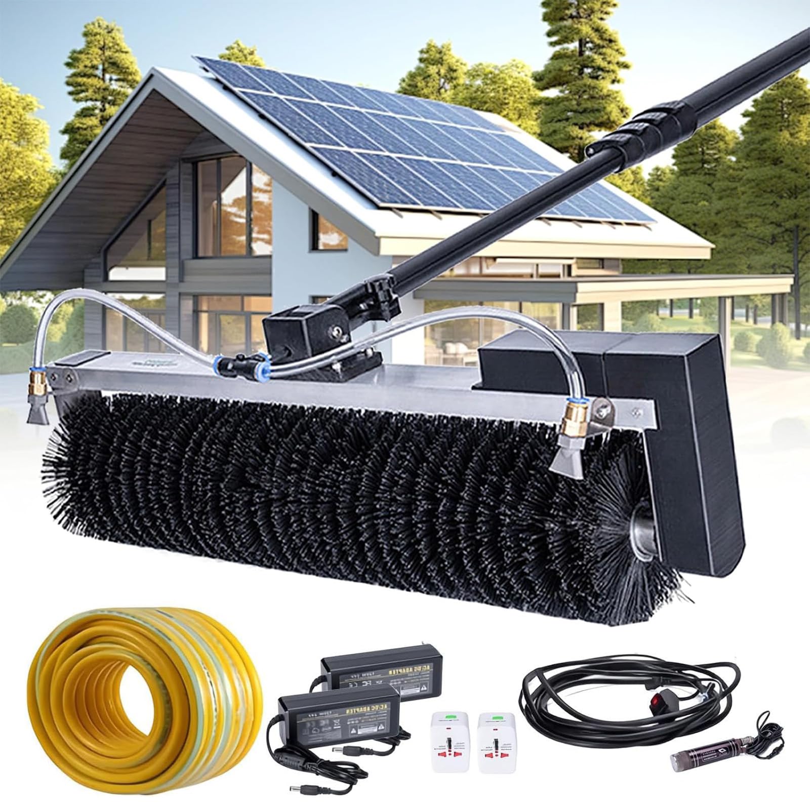 SOTIKARERY Electric Solar Panel Cleaning Kit - Water-Fed Extendable Window Cleaning Pole,600 mm Cleaning Width,Two Cleaning Modes, for Conservatory Roofs, Windows, PV System 5.5m/18ft