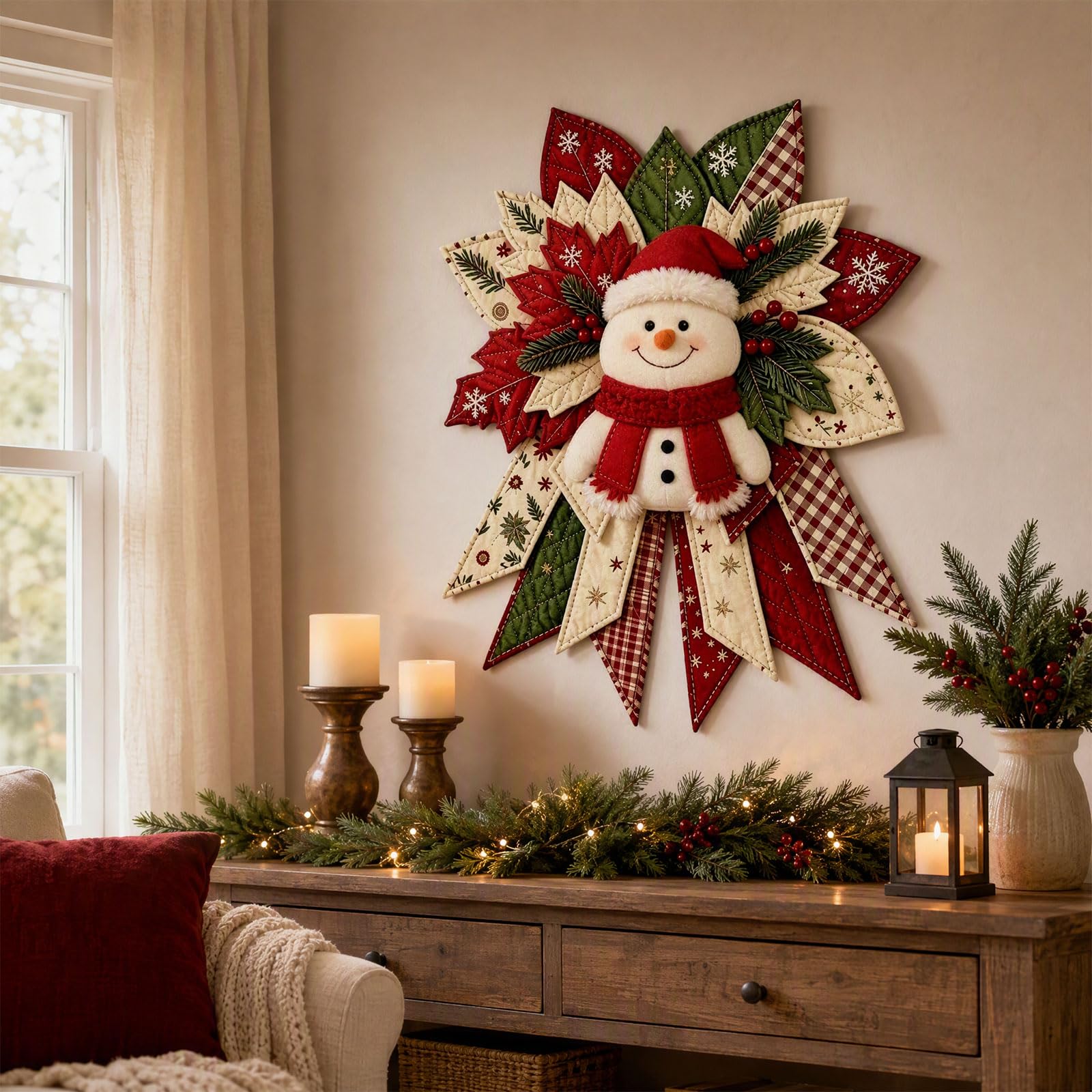 Festive Quilted Christmas Door Hanging DIY Sewing Kit, Christmas Quilted Bow DIY Kit with Fabric, Batting, Thread, Templates & Instructions, Patchwork Hanging Decor Kit for Door Wall Display (CC)