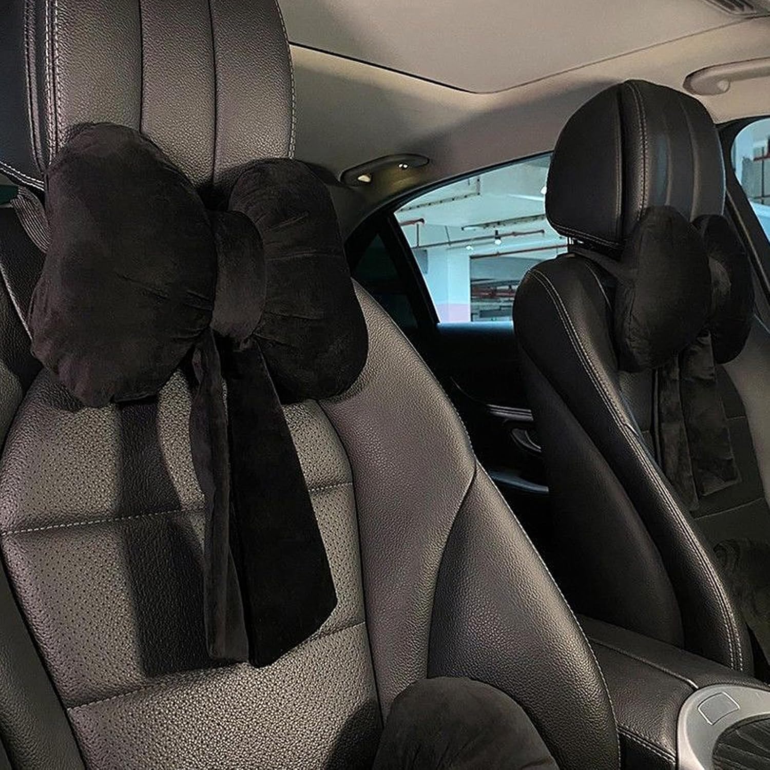 Car Neck Pillow 2PCS Plush Bowknot Car Headrest Pillow – Comfortable Neck Support for Driving Soft Touch Fabric Car Pillow Cute Interior Decor (Black) thumbnail