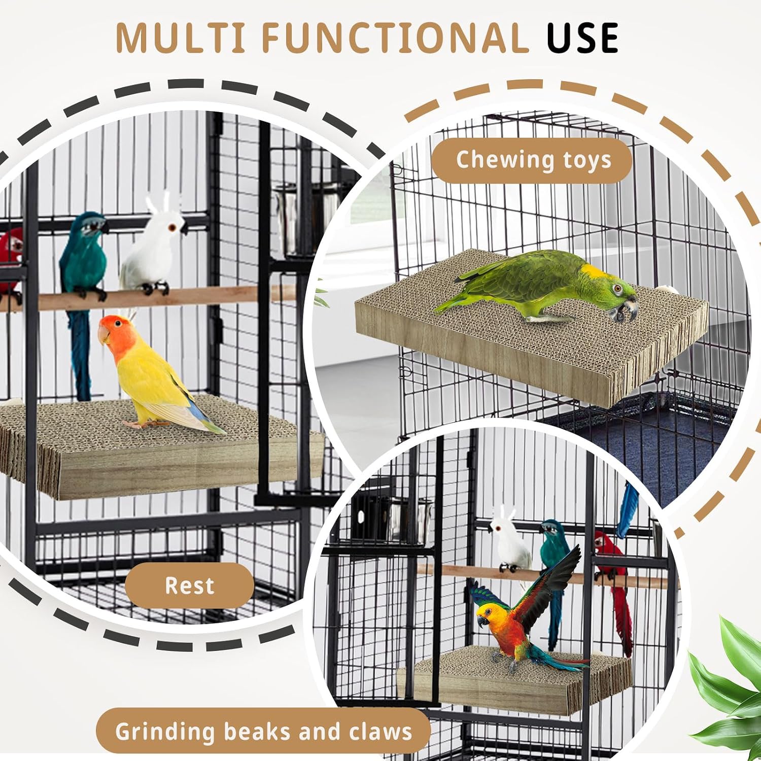 3 Pack Parrot Perch Bird Chew Toys, Medium Cardboard Parakeet Cage Stand Playground, Conure Platform Cockatiel Shredding Grinding Cage Accessories for Budgie Cockatoo, 7.3 x 4.7 x 1.2in